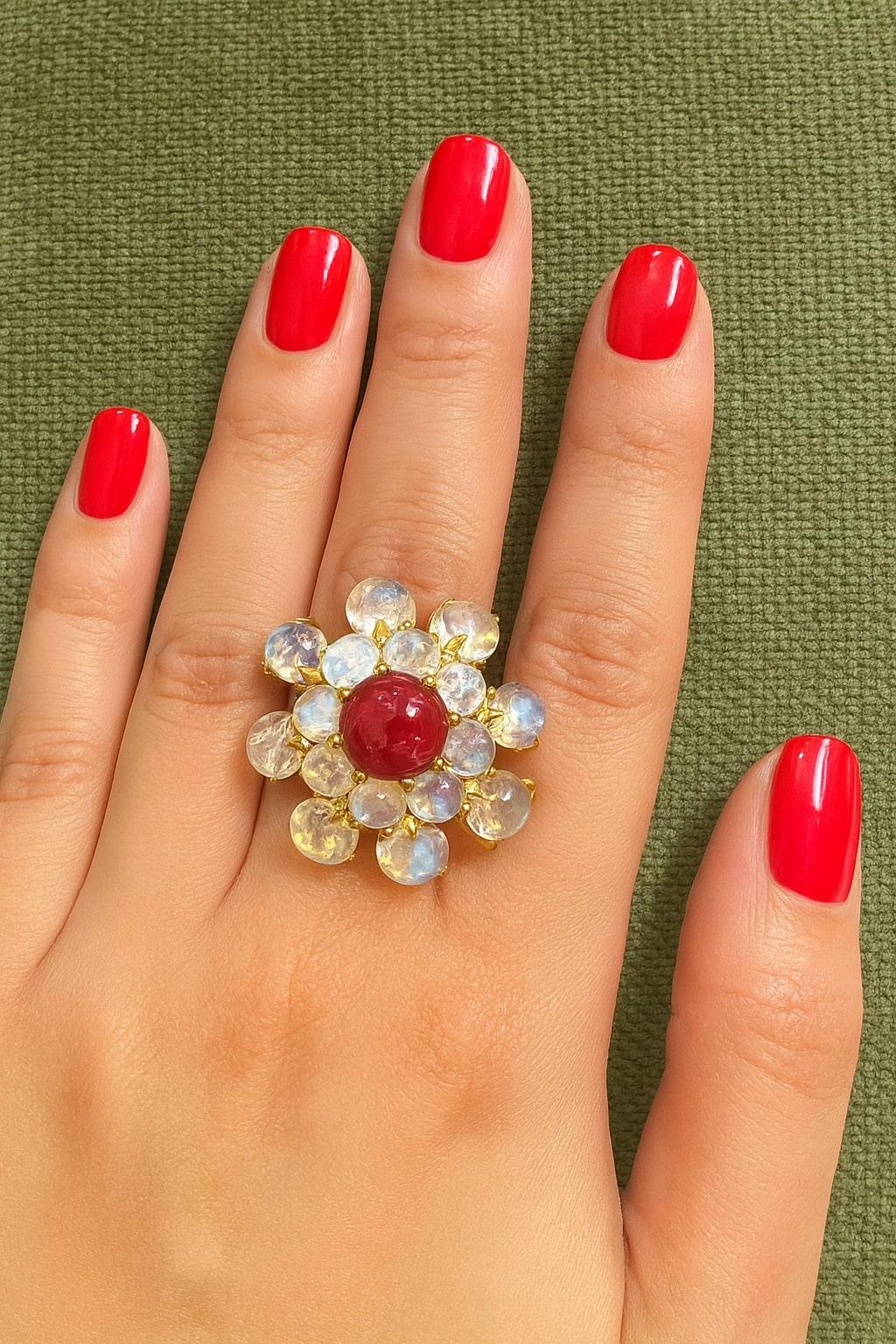 Bochic “Orient” Vintage Bubble Cabochon Ruby & Moon Stone Ring Set 18K Gold & Si For Sale 2