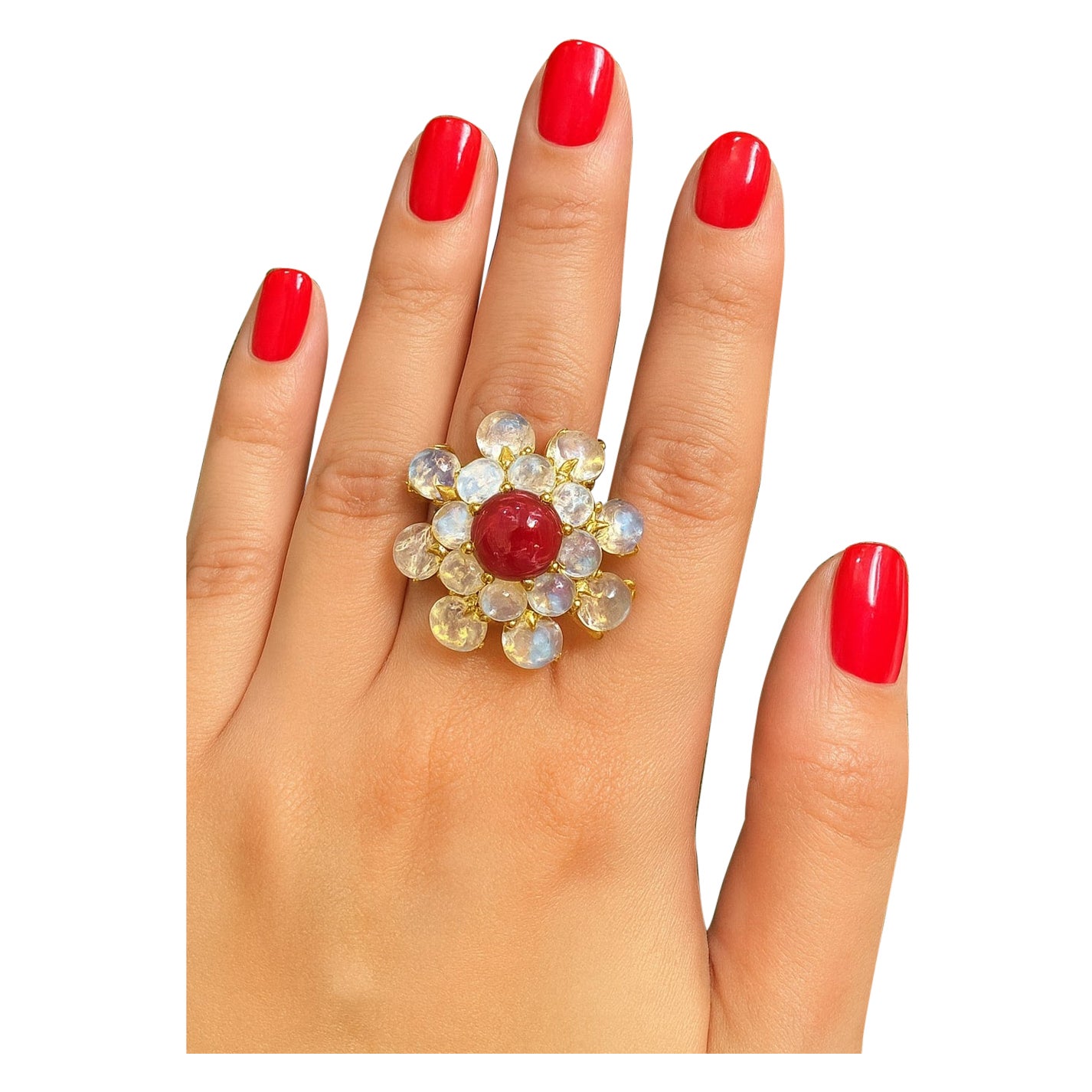 Bochic “Orient” Vintage Bubble Cabochon Ruby & Moon Stone Ring Set 18K Gold & Si