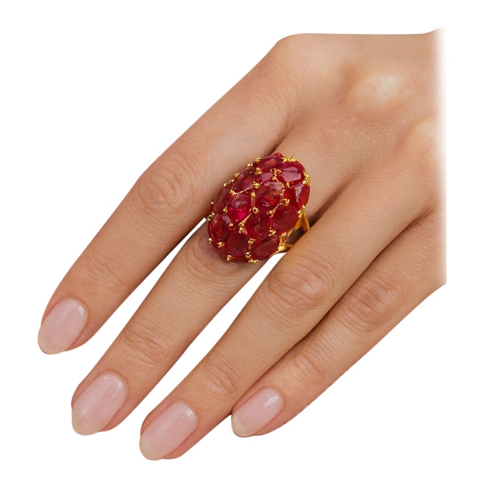 Bochic “Orient” Vintage Bubble Cabochon Ruby Ring Set In 18K Gold & Silver For Sale