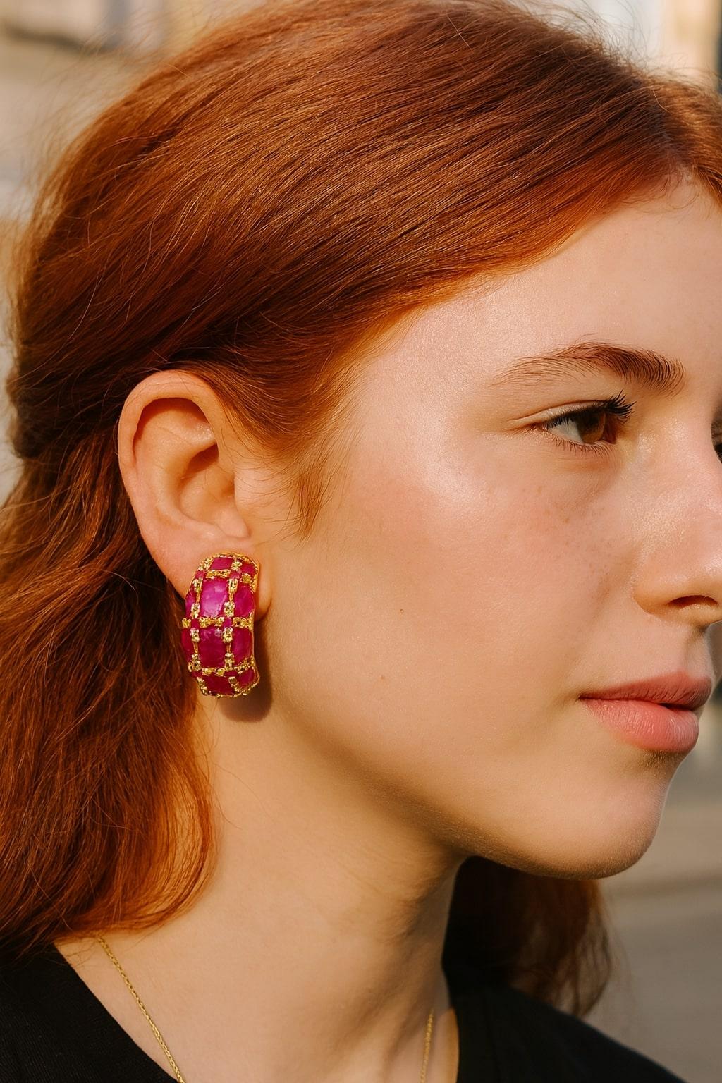 Bochic “Orient” Vintage Bubble Ruby Earrings Set 18K Gold & Silver For Sale 4