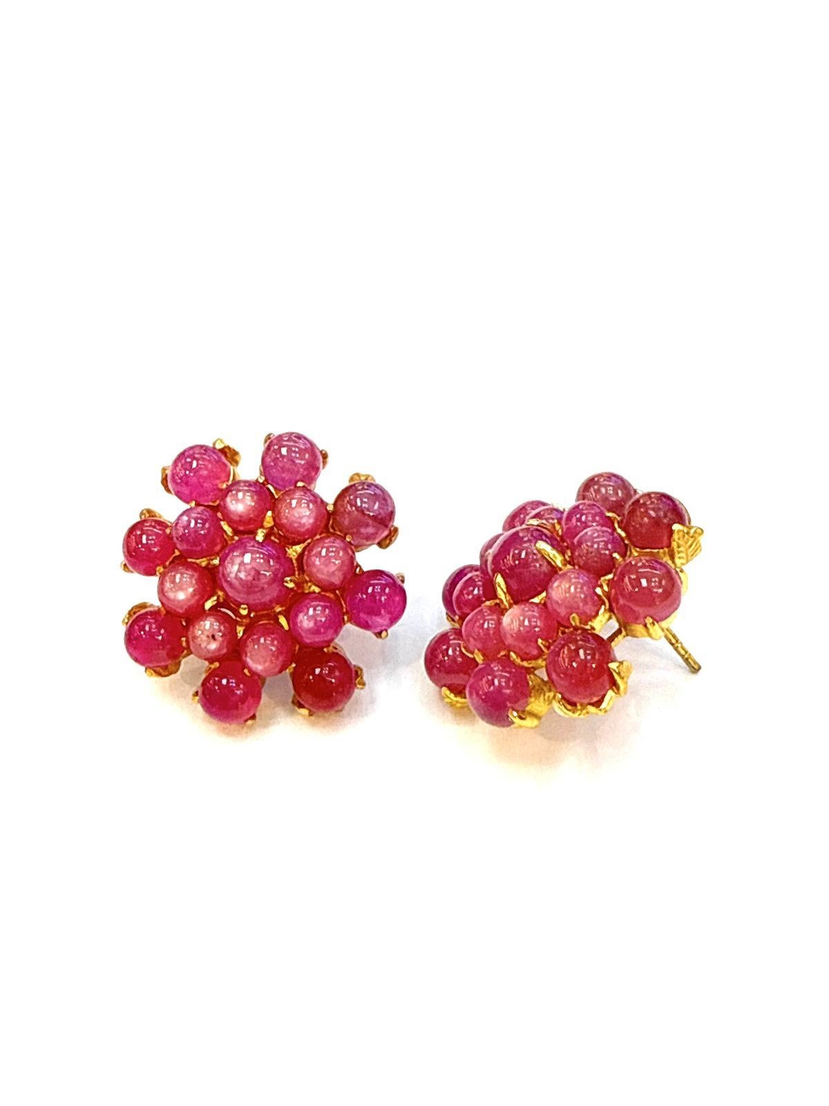 Retro Bochic “Orient” Vintage Bubble Ruby Earrings Set 18K Gold & Silver For Sale