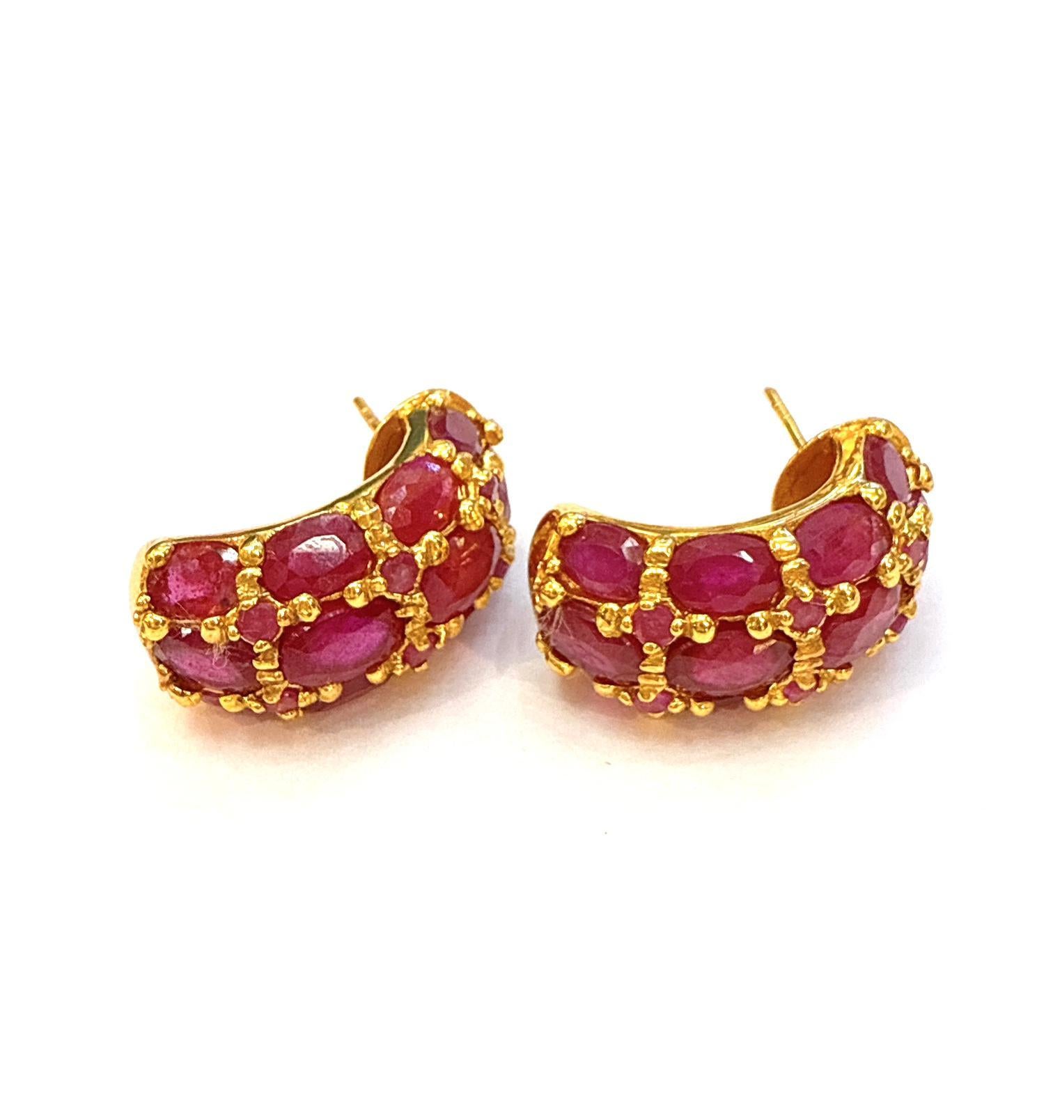 Cabochon Bochic “Orient” Vintage Bubble Ruby Earrings Set 18K Gold & Silver For Sale
