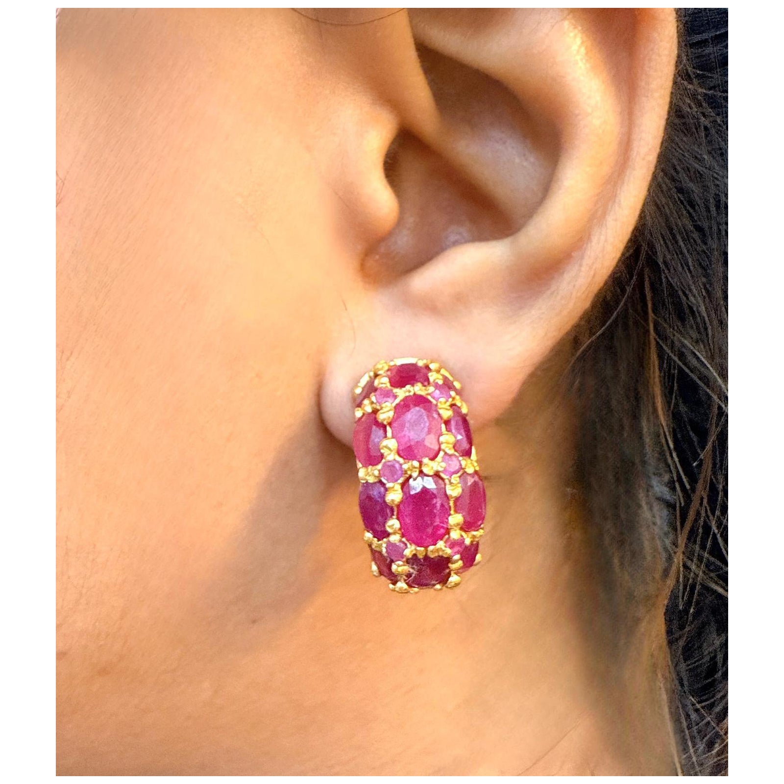 Bochic “Orient” Vintage Bubble Ruby Earrings Set 18K Gold 
Silver For Sale