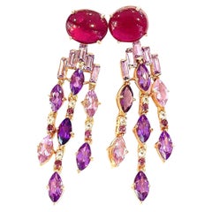 Bochic “Orient” Vintage Cascading Ruby & Amethyst Earrings - 18 K Gold & Silver