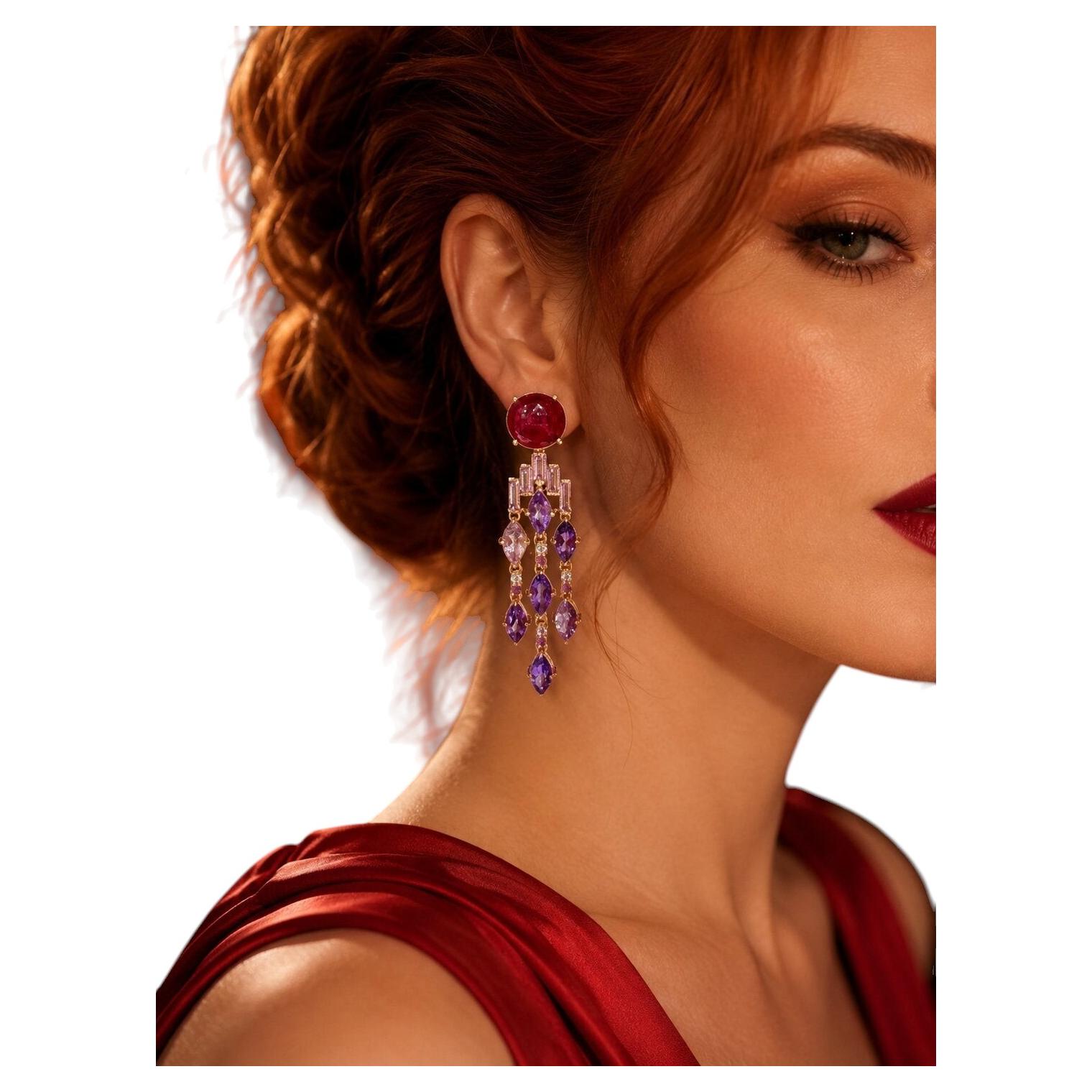 Pendientes vintage «Orient» de Bochic con rubíes y amatistas en cascada - Oro de 18 quilates y plata en venta