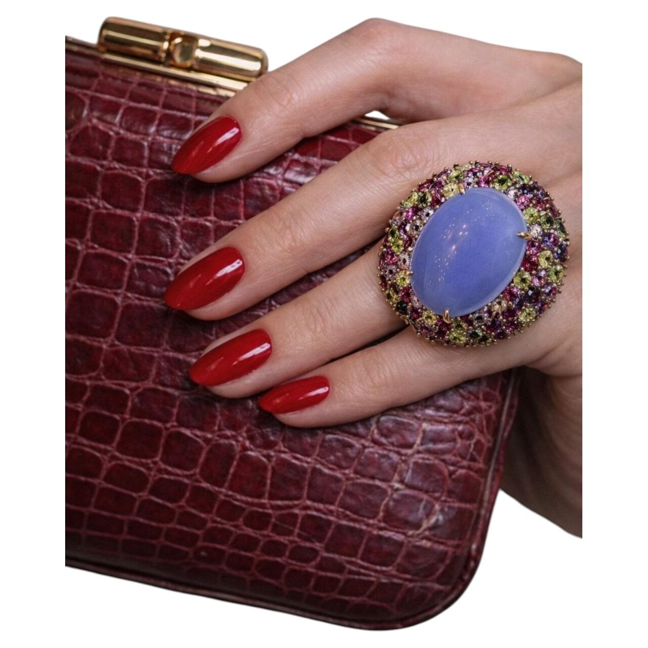 Bochic “Orient” Vintage Chalcedony & Multi Gem Cocktail Ring - 18K Gold & Silver For Sale