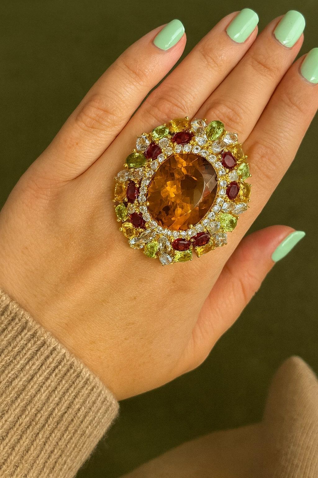 Bochic “Orient” Vintage Citrine & Peridot Cocktail Ring Set In 18K Gold&Silver For Sale 9