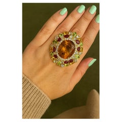 Anello da cocktail vintage con citrino e peridoto in oro e argento 18 carati "Orient" di Bochic