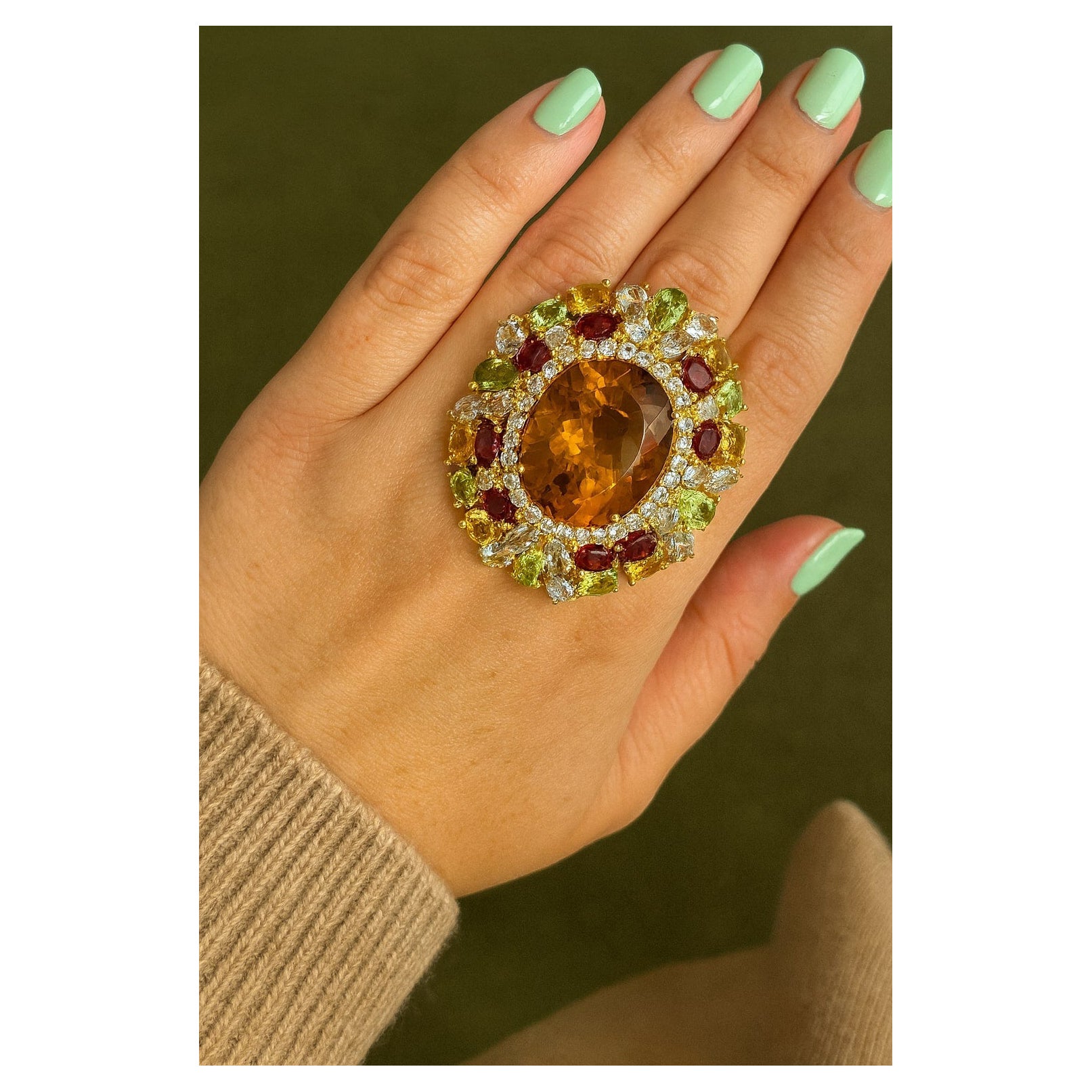 Bochic “Orient” Vintage Citrine & Peridot Cocktail Ring Set In 18K Gold&Silver