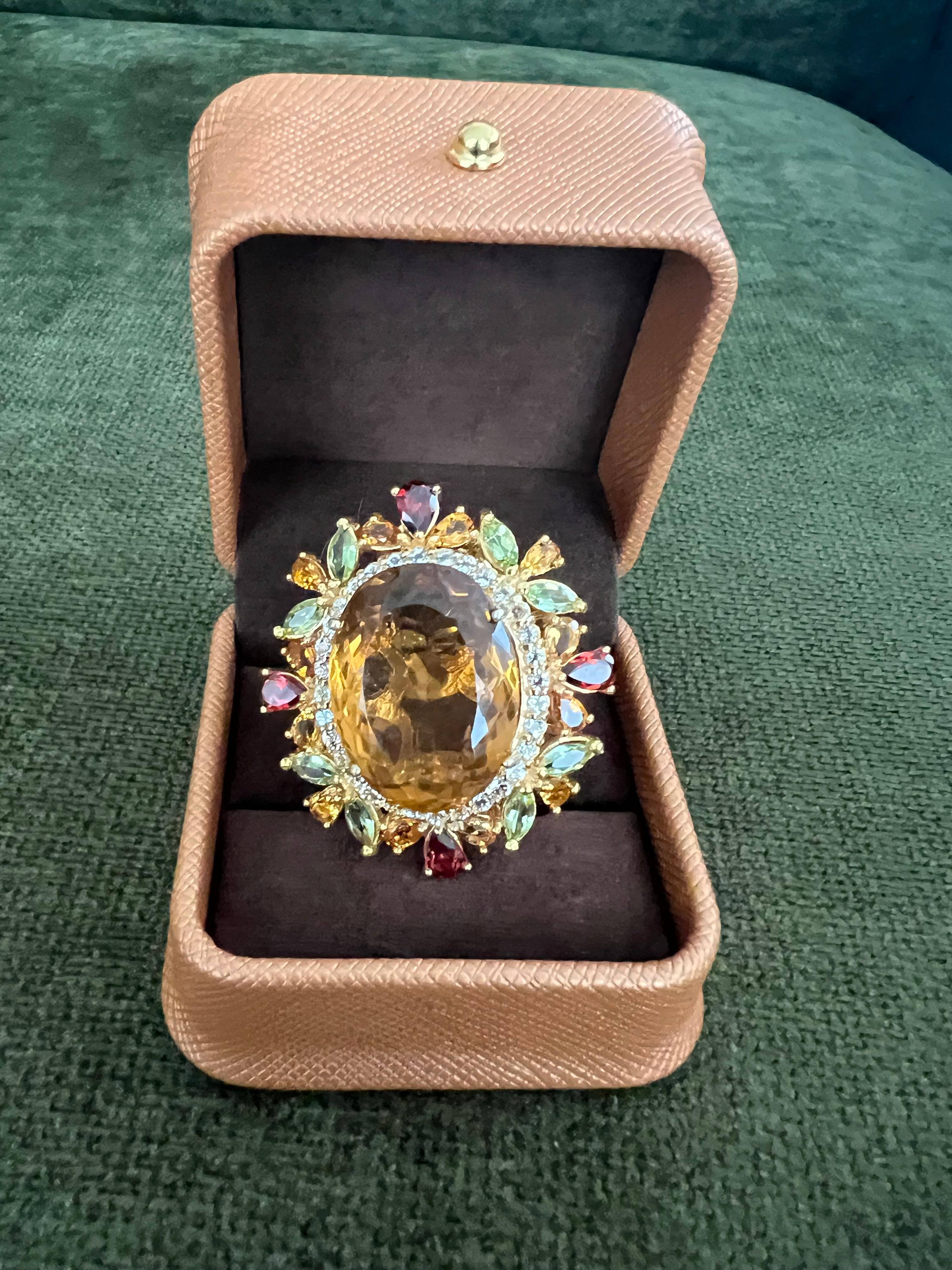 Baroque Bochic “Orient” Vintage Citrine, Peridot & Rhodolite Ring Set In 18K Gold & Silv For Sale