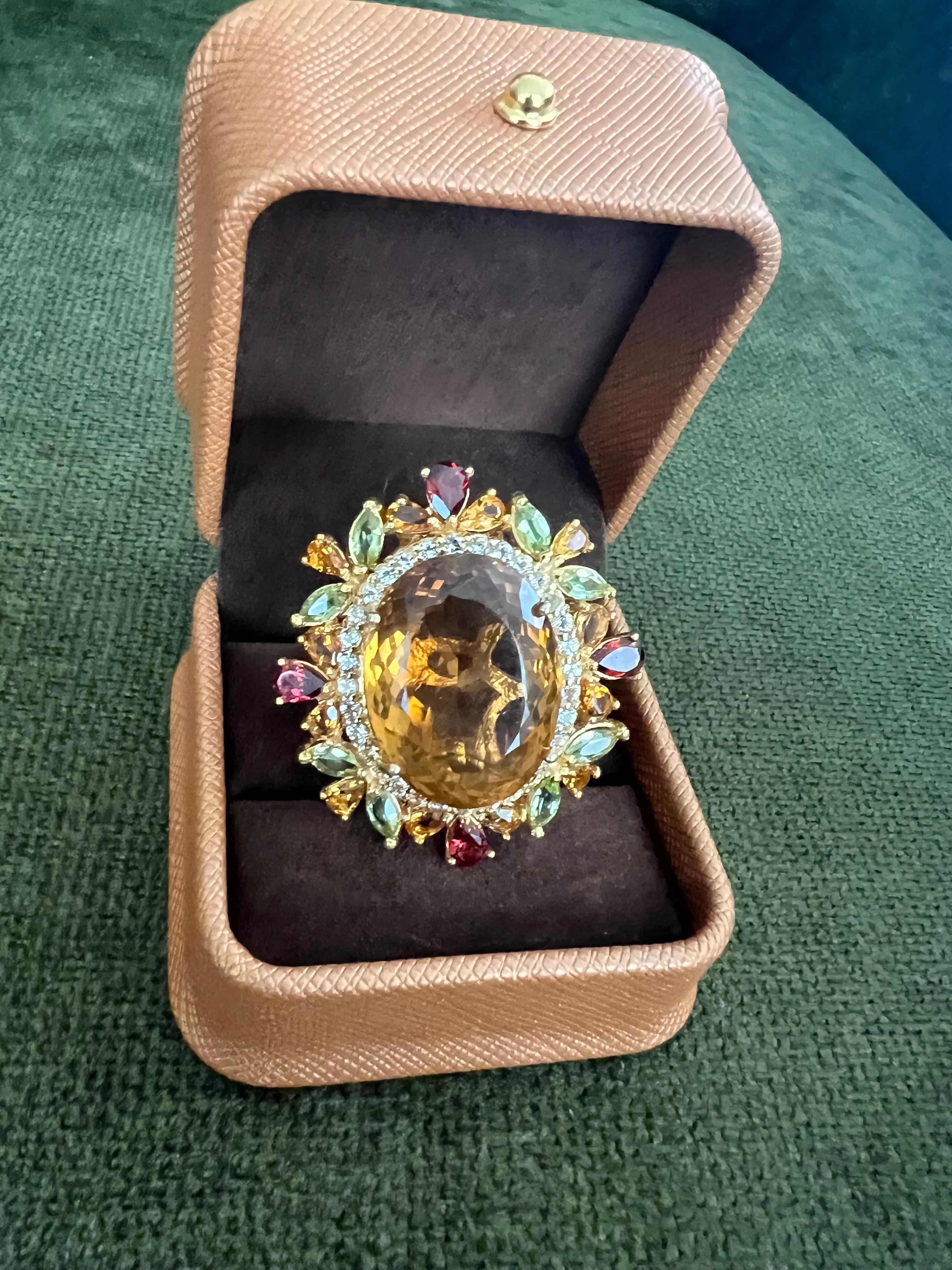 Oval Cut Bochic “Orient” Vintage Citrine, Peridot & Rhodolite Ring Set In 18K Gold & Silv For Sale