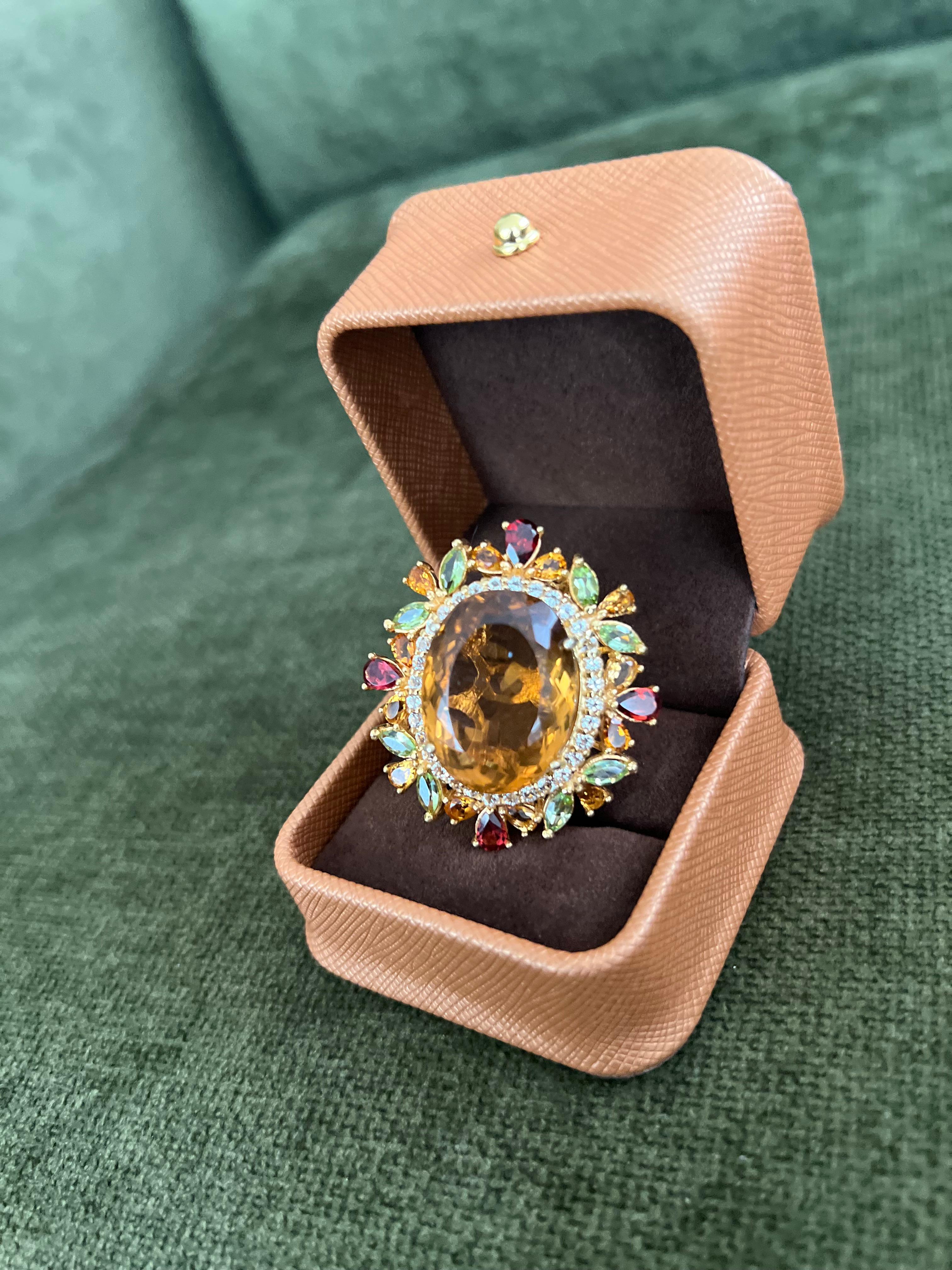 Women's or Men's Bochic “Orient” Vintage Citrine, Peridot & Rhodolite Ring Set In 18K Gold & Silv For Sale