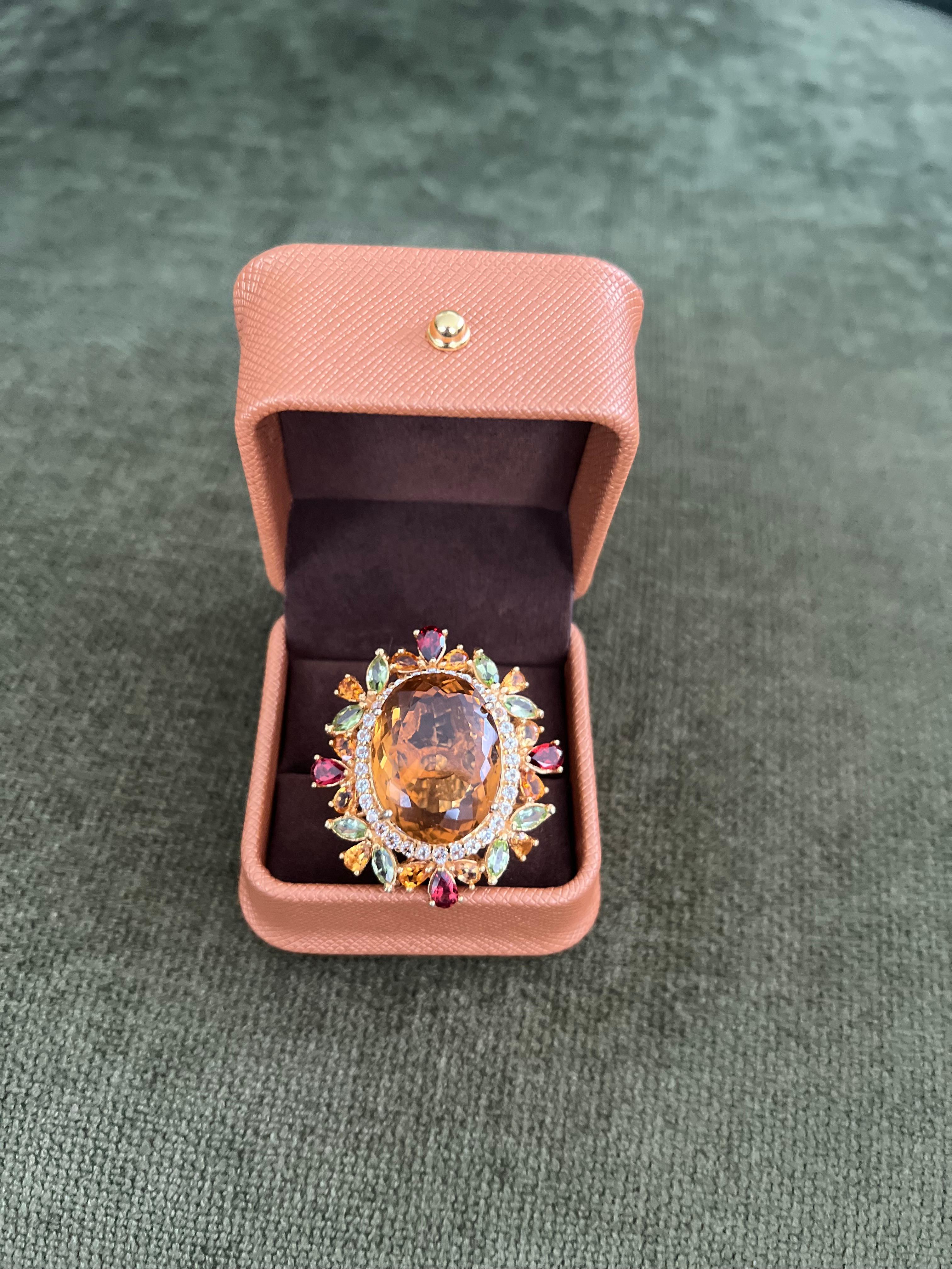 Bochic “Orient” Vintage Citrine, Peridot & Rhodolite Ring Set In 18K Gold & Silv For Sale 3