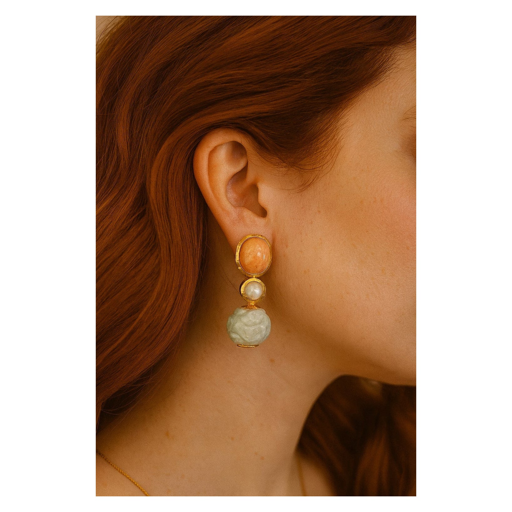 Bochic “Orient” Vintage Coral, Pearl &  Mint Jade Set In 18K Gold & Silver