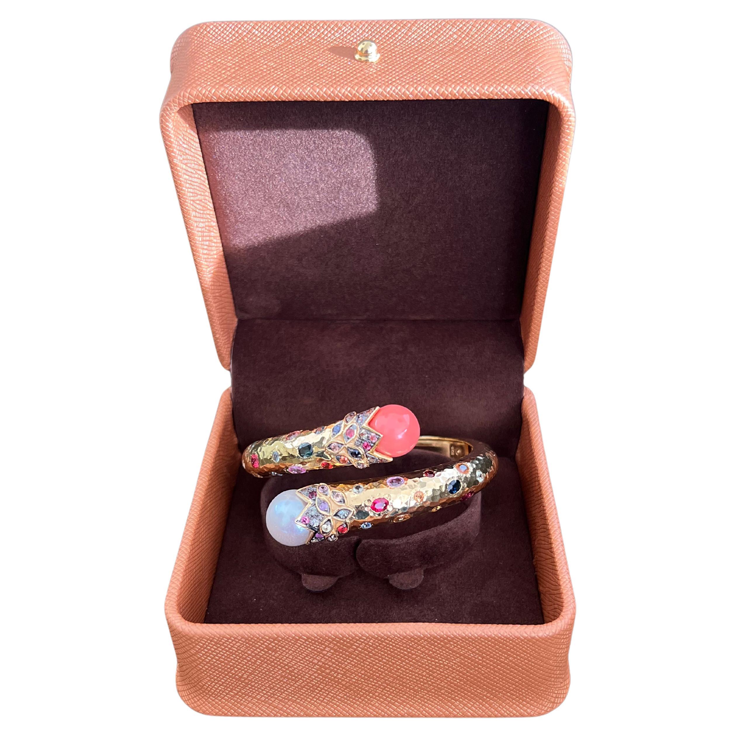 Bochic “Orient” VIntage Coral, Pearl & Sapphire Bangle Set In 18K Gold & Silver