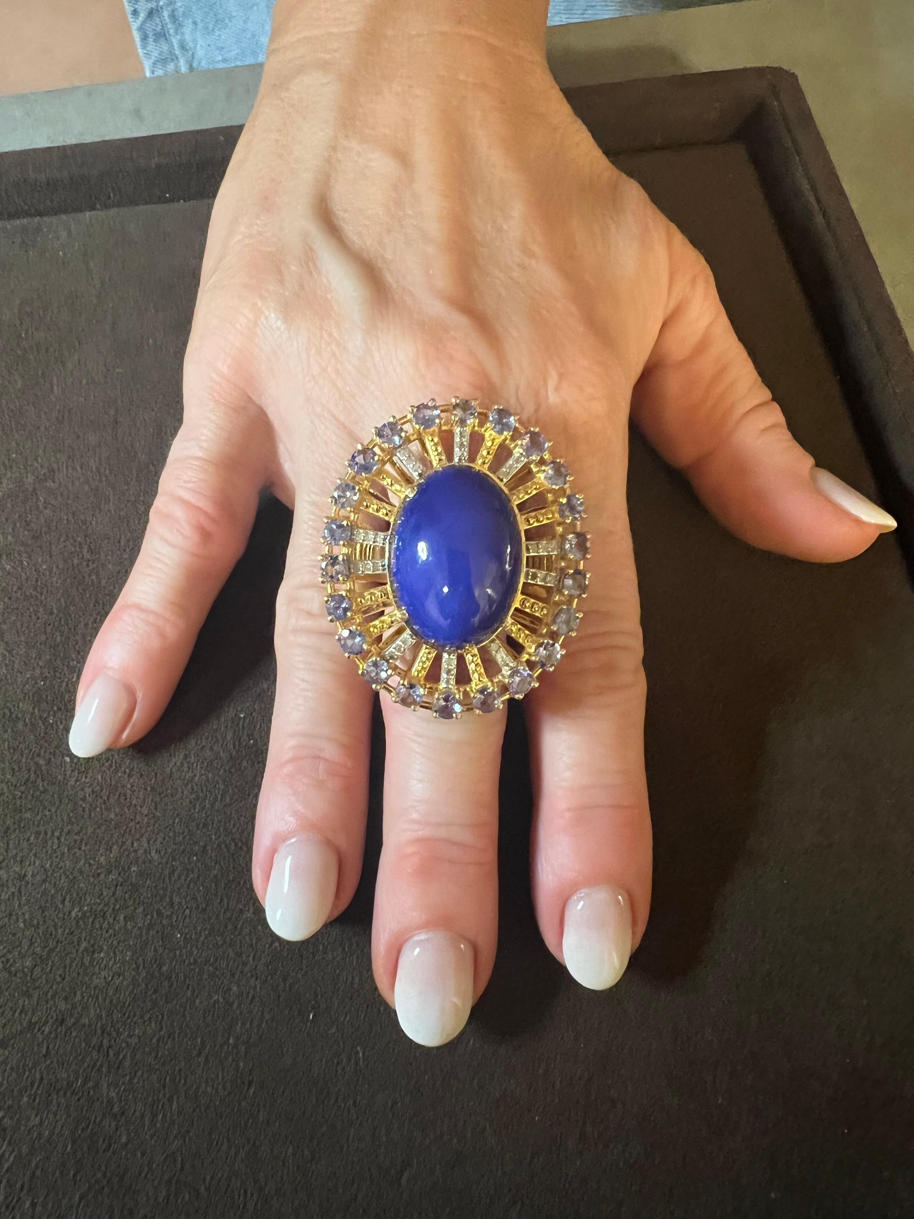 Bochic “Orient” Vintage Diamond, Blue Opal & Tanzanite Ring Set 18K Gold & Silve For Sale 7