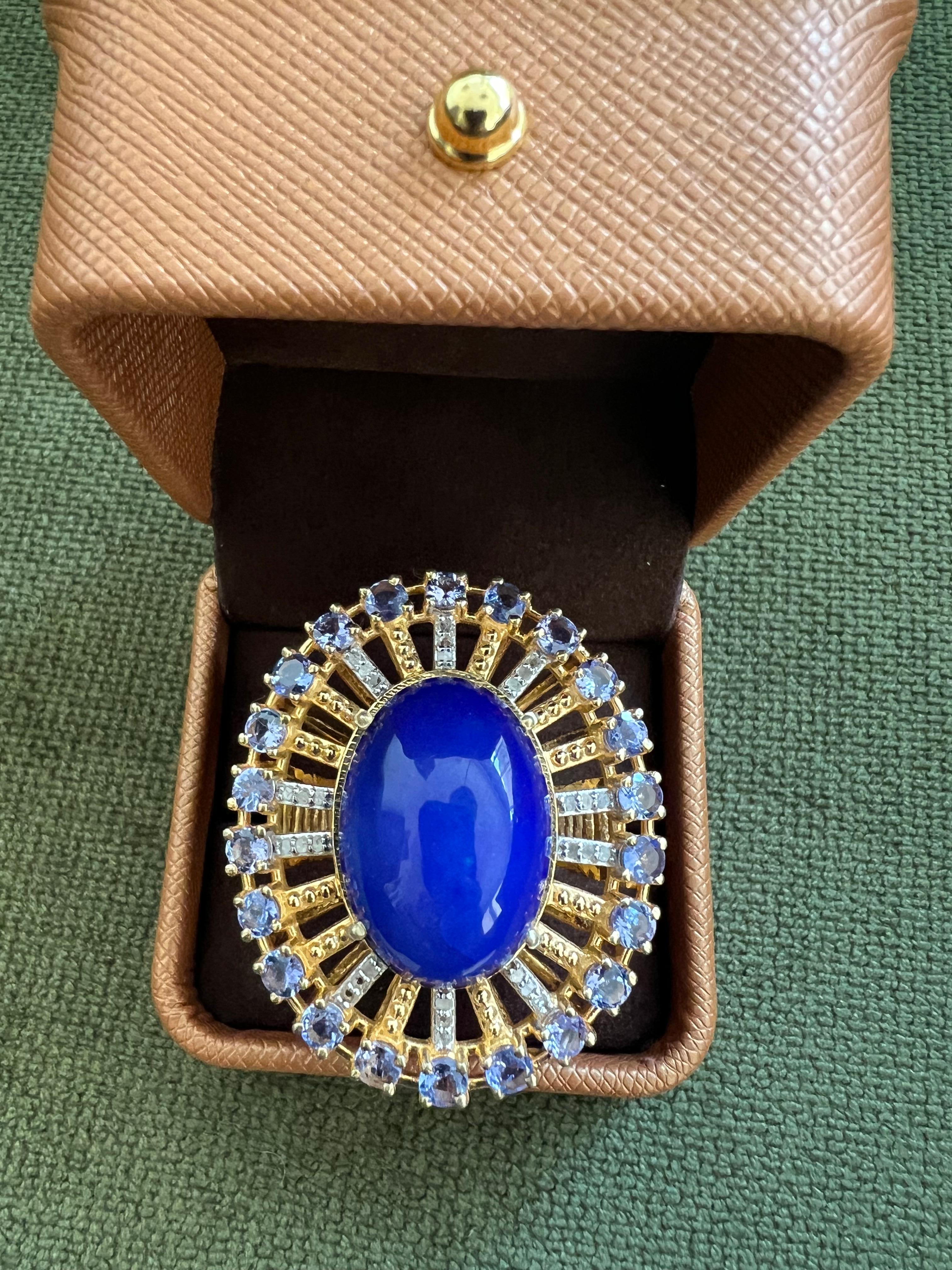 Art Deco Bochic “Orient” Vintage Diamond, Blue Opal & Tanzanite Ring Set 18K Gold & Silve For Sale