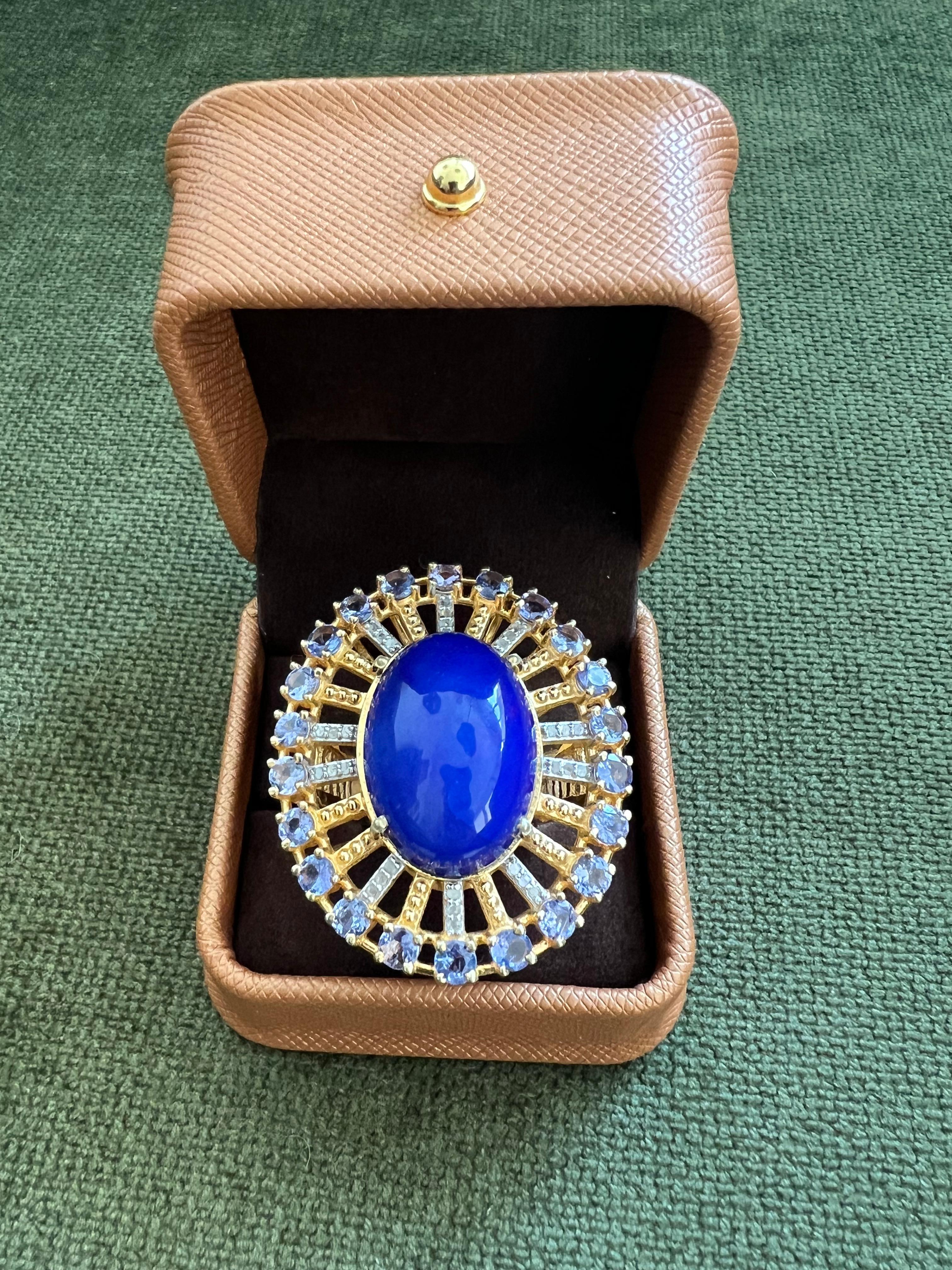 Brilliant Cut Bochic “Orient” Vintage Diamond, Blue Opal & Tanzanite Ring Set 18K Gold & Silve For Sale