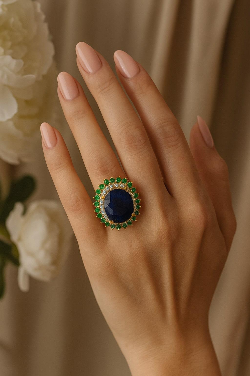 Bochic “Orient” Vintage Diamond, Blue Sapphire & Emerald Ring Set In 18K Gold & For Sale 4