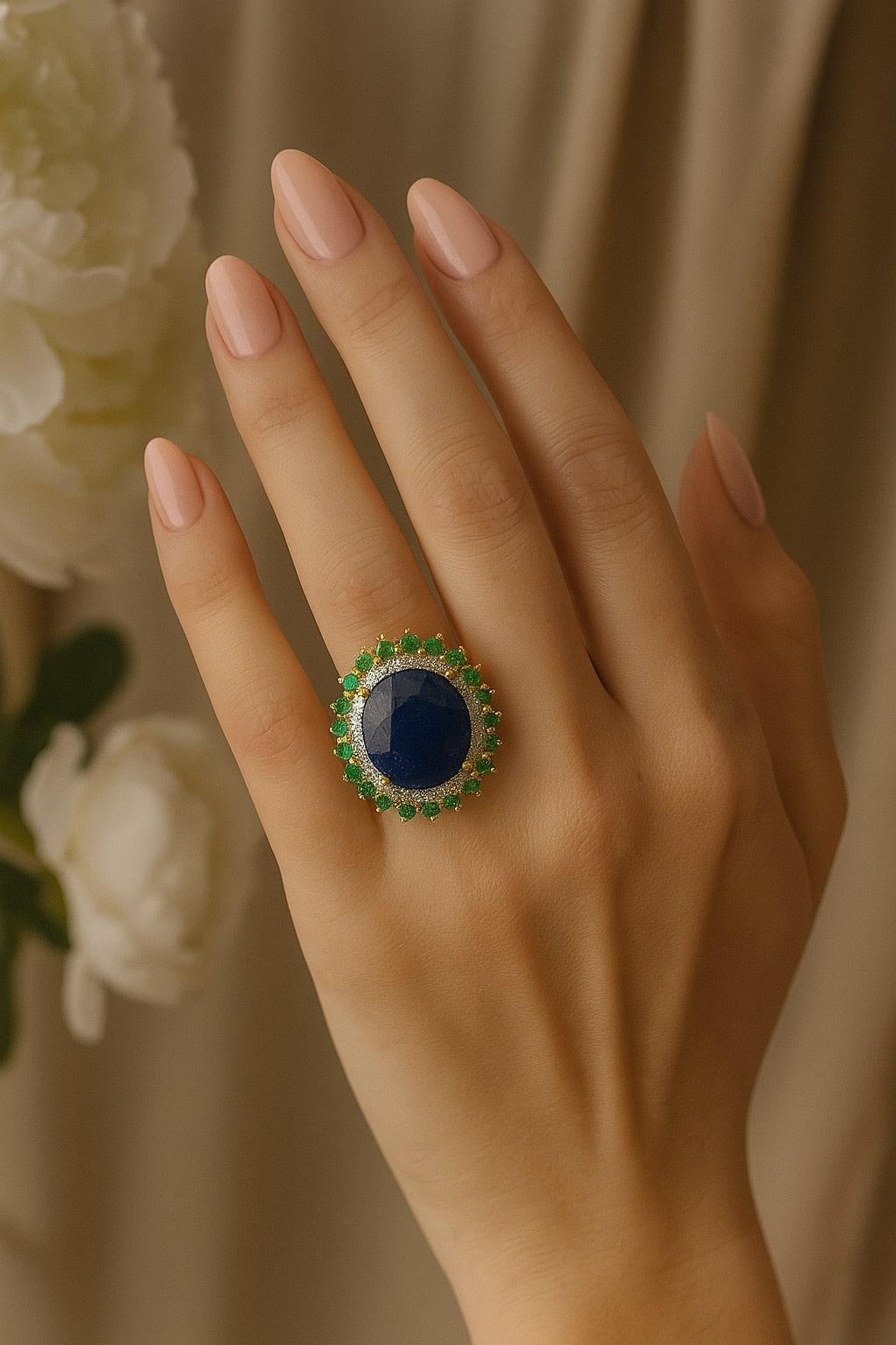 Bochic “Orient” Vintage Diamond, Blue Sapphire & Emerald Ring Set In 18K Gold & For Sale 5