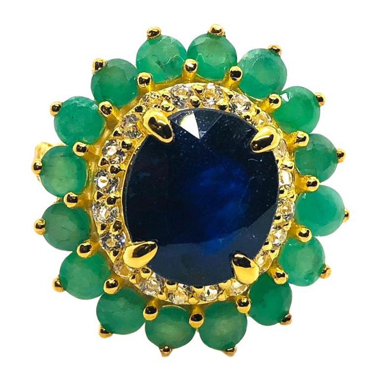Bochic “Orient” Vintage Diamond, Blue Sapphire & Emerald Ring Set In 18K Gold &