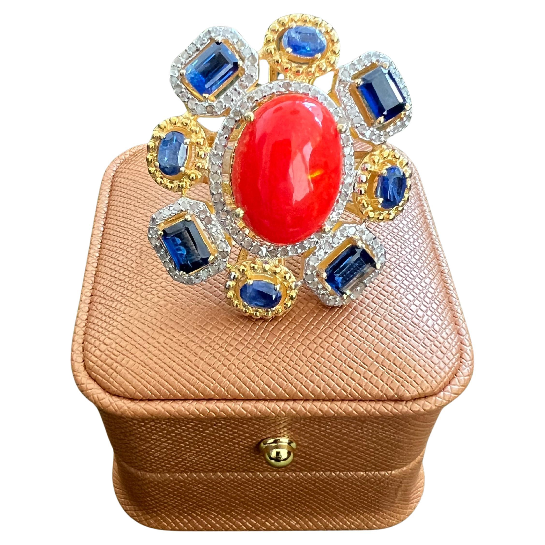 Bochic “Orient” Vintage Diamond, Blue Sapphire & Opal Ring Set 18K Gold & Silver