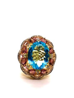 Bochic "Orient" Vintage Diamant, Blauer Topas & Rosa Turmalin Ring Set 18K & Sil