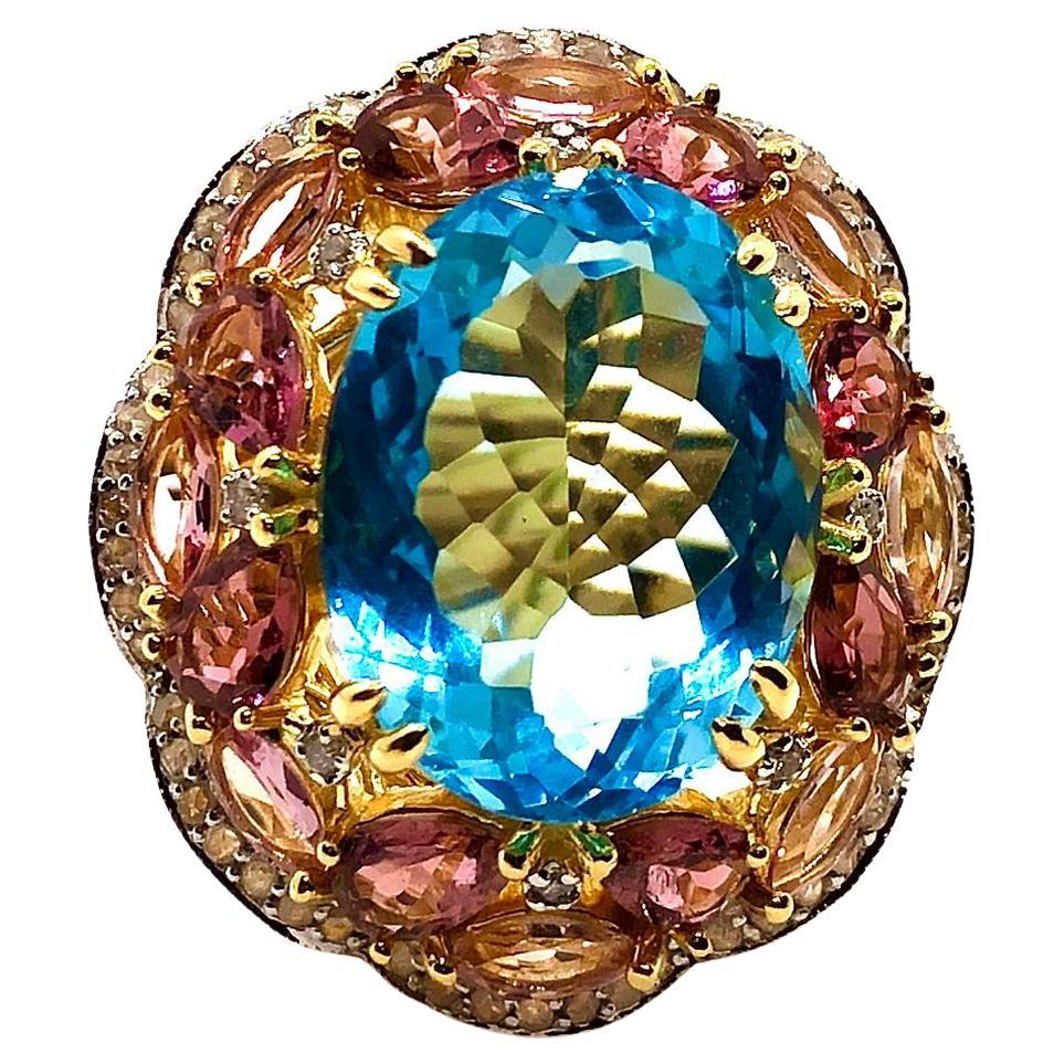 Anello vintage Bochic "Orient" con diamanti, topazio blu e tormalina rosa, 18 carati e seta