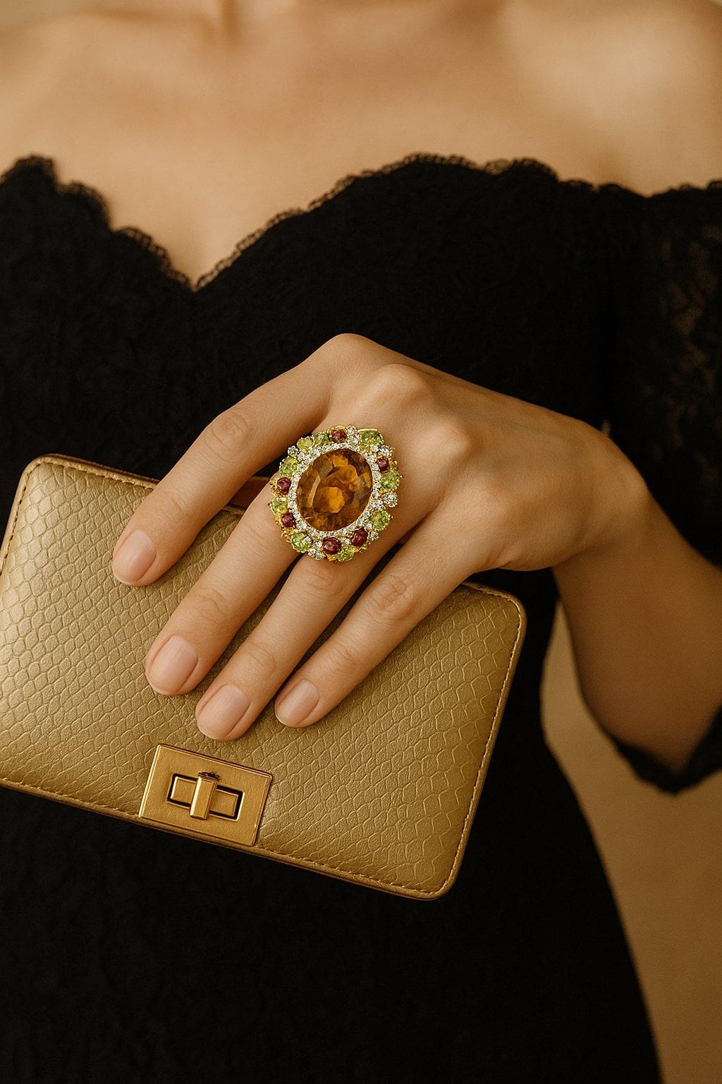 Bochic “Orient” Vintage Diamond, Cognac Citrine & Peridot  Ring Set 18K Gold & S For Sale 9