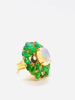 Bochic “Orient” Vintage Diamond, Emeralds & Fire Opal Ring Set In 18K Gold & Sil