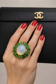 Bochic “Orient” Vintage Diamond, Emeralds 
Fire Opal Ring Set In 18K Gold 
Sil