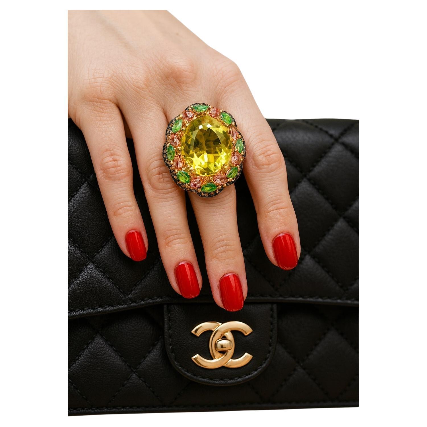 Bochic “Orient” Vintage Diamond, Lemon Quartz 
Pink Tourmaline Ring Set 18 K Go For Sale