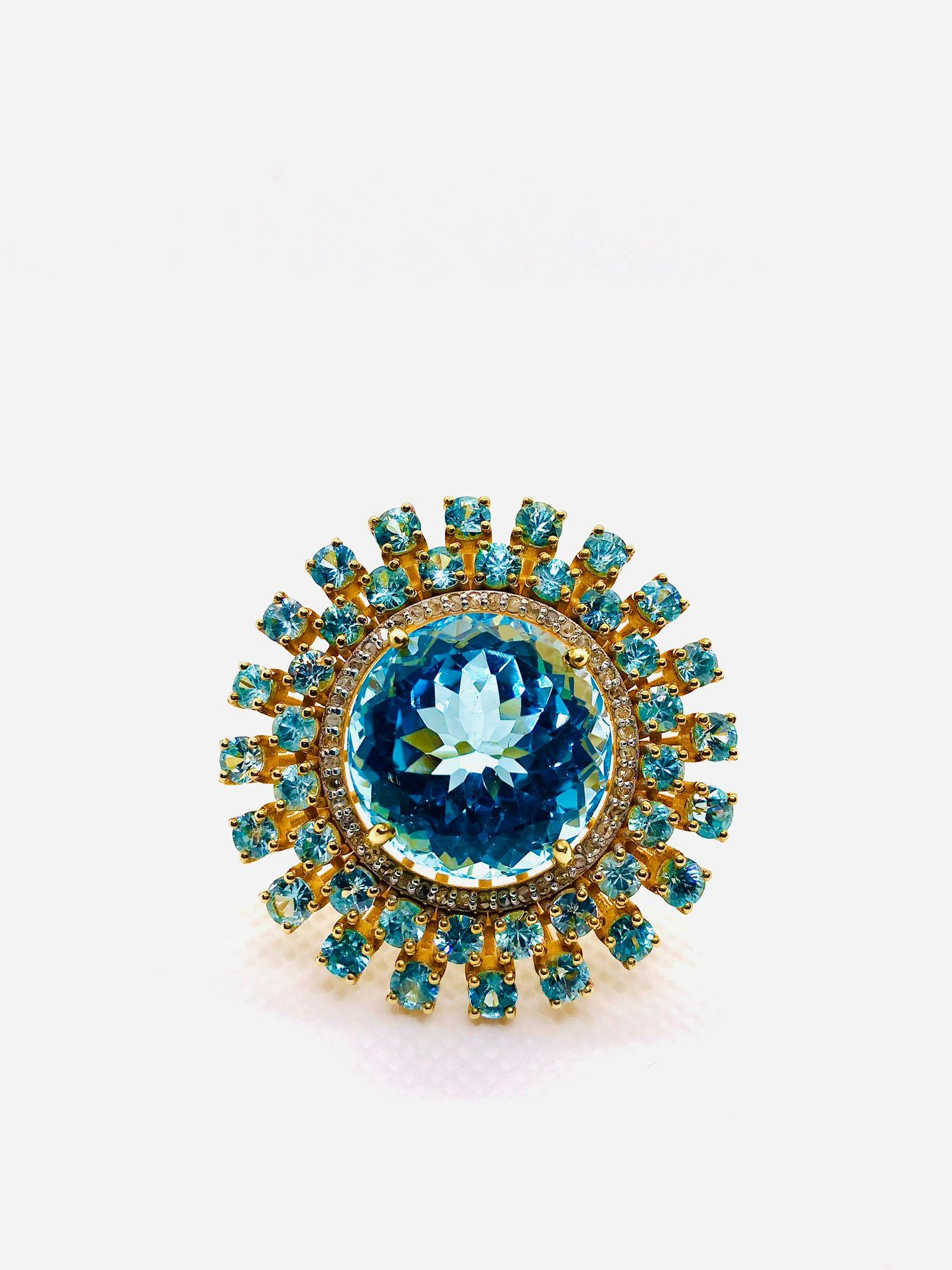 Bochic “Orient” Vintage Diamond & Multi Blue Topaz Ring Set In 18K Gold & Silver For Sale 5
