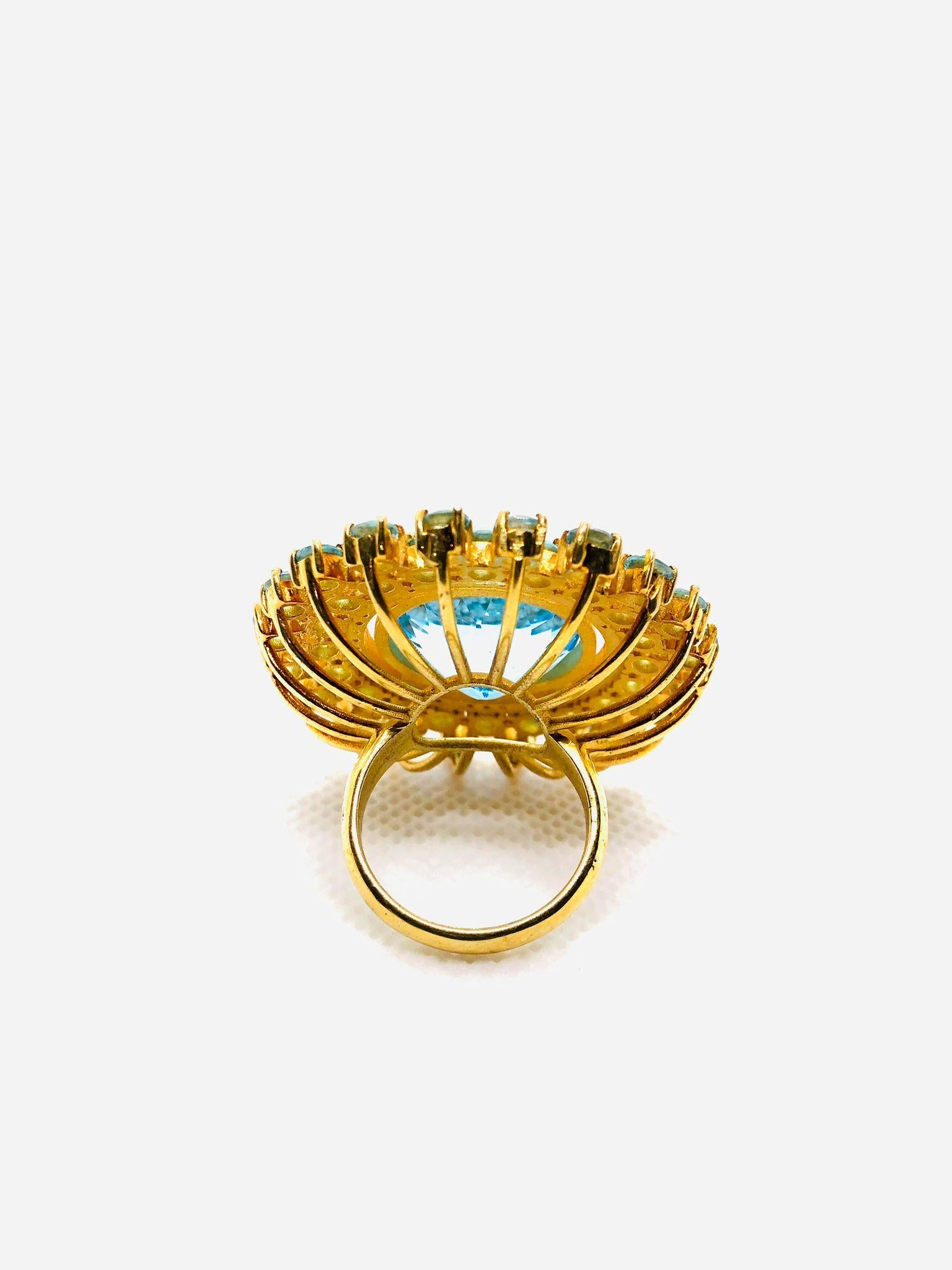 Art Deco Bochic “Orient” Vintage Diamond & Multi Blue Topaz Ring Set In 18K Gold & Silver For Sale