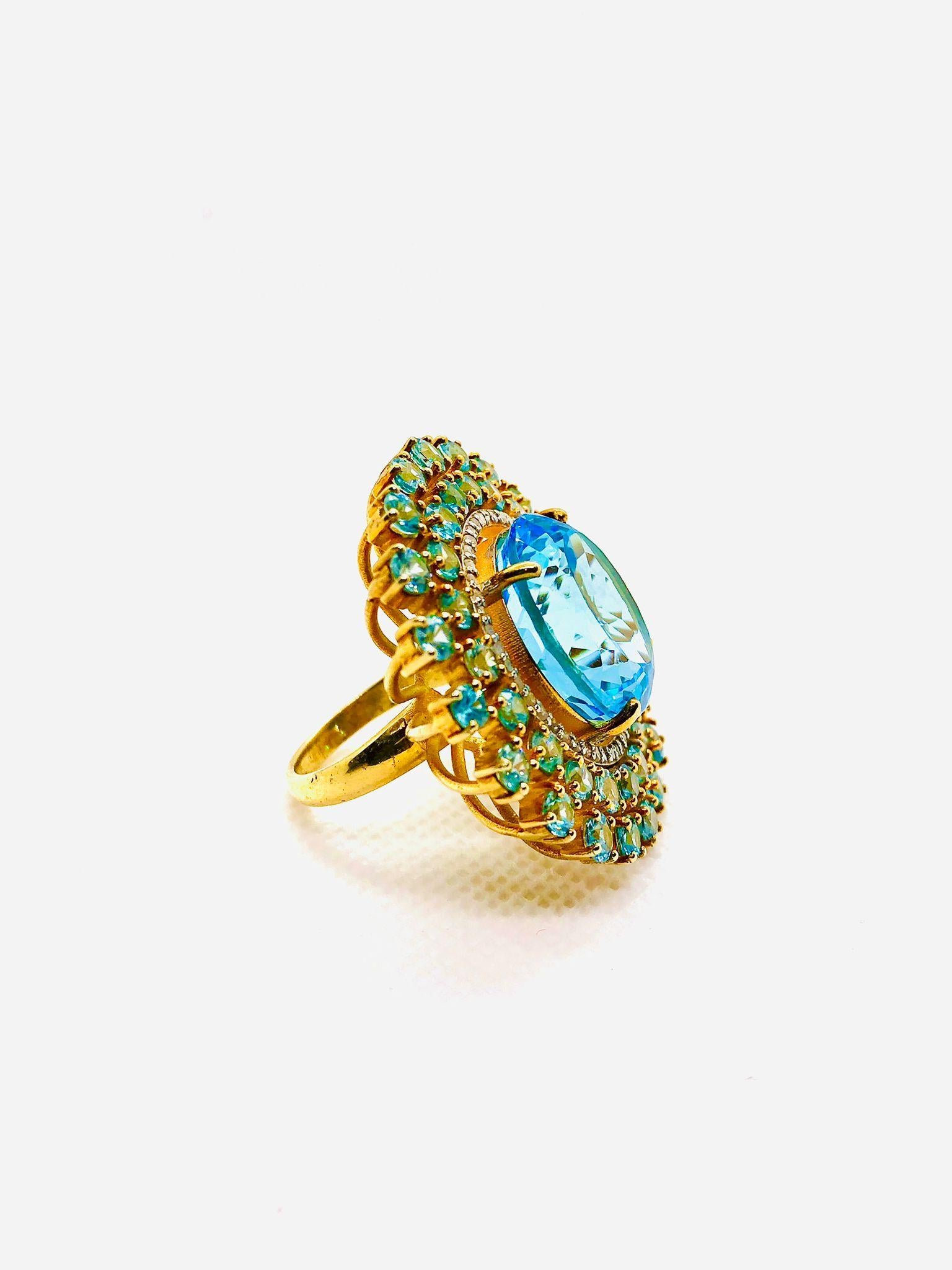 Bochic “Orient” Vintage Diamond & Multi Blue Topaz Ring Set In 18K Gold & Silver For Sale 3