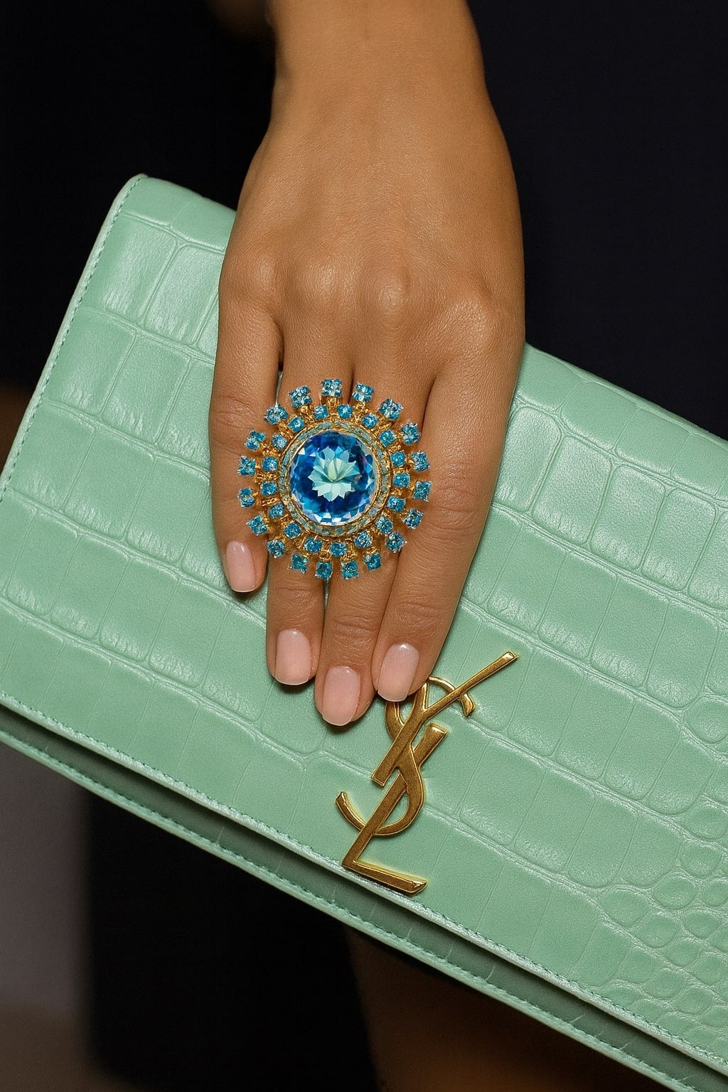 Bochic "Orient" Vintage Diamant & Multi Blue Topaz Ring Set in 18K Gold & Silber