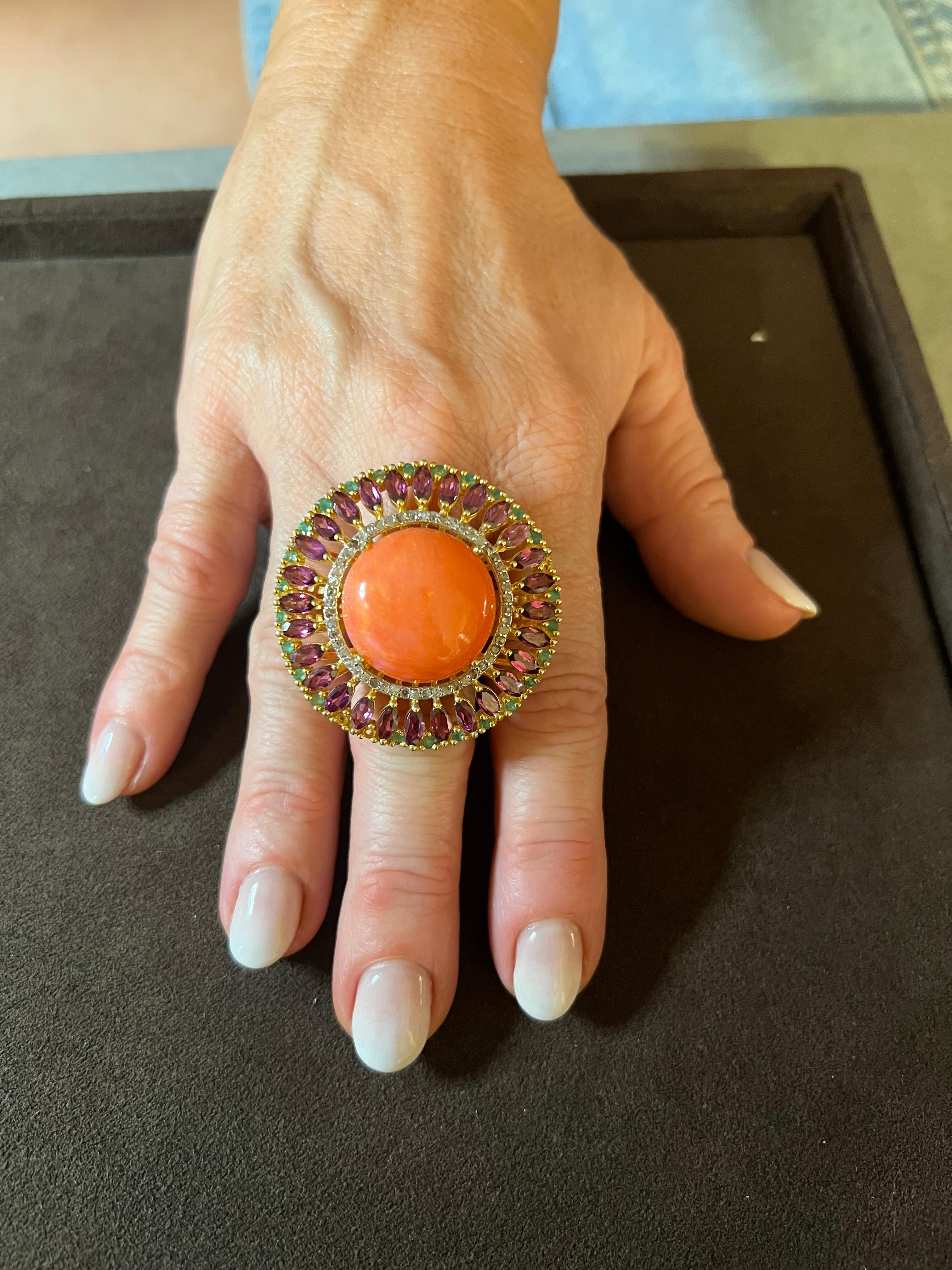 Bochic “Orient” Vintage Diamond & Orange Opal Ring Set In 18K Gold & Silver For Sale 4