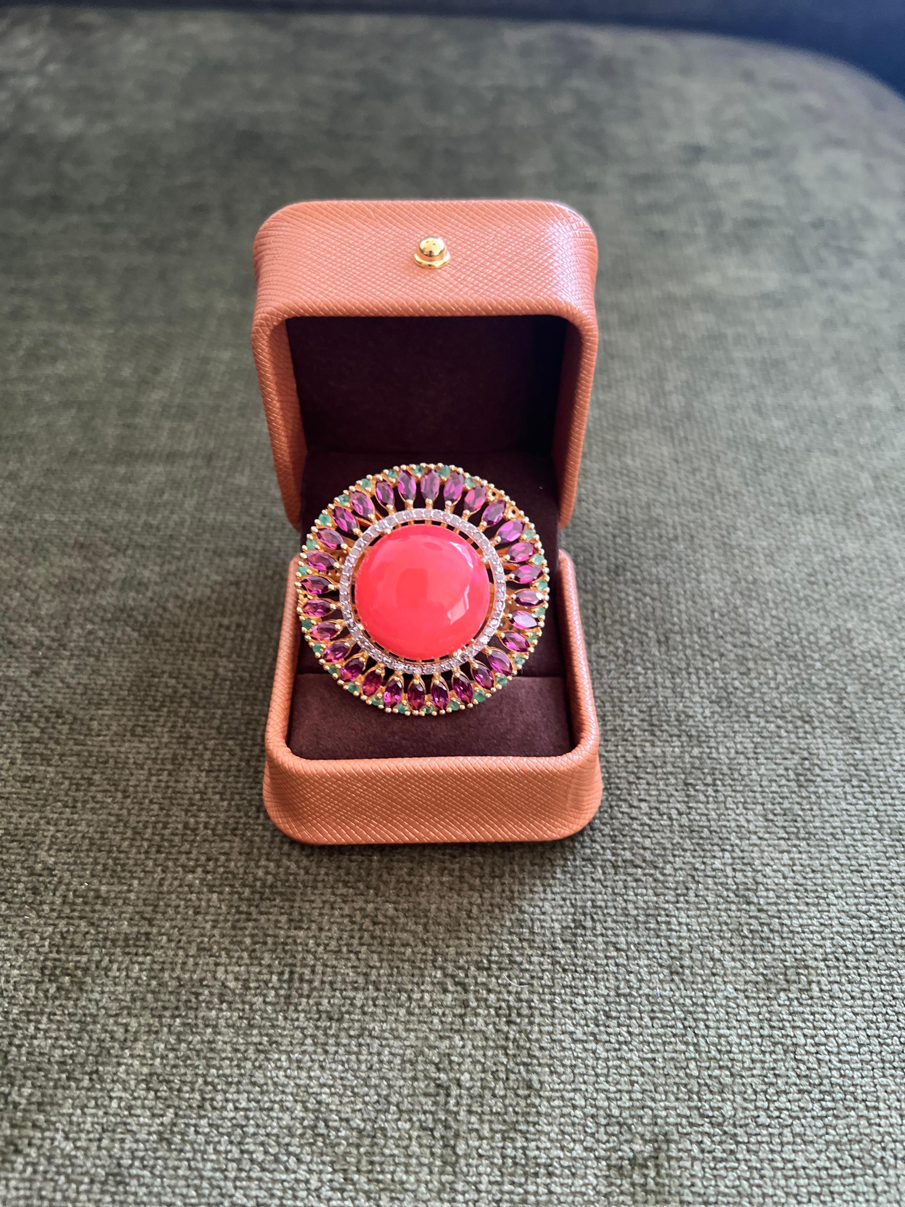 Bochic “Orient” Vintage Diamond & Orange Opal Ring Set In 18K Gold & Silver For Sale 6