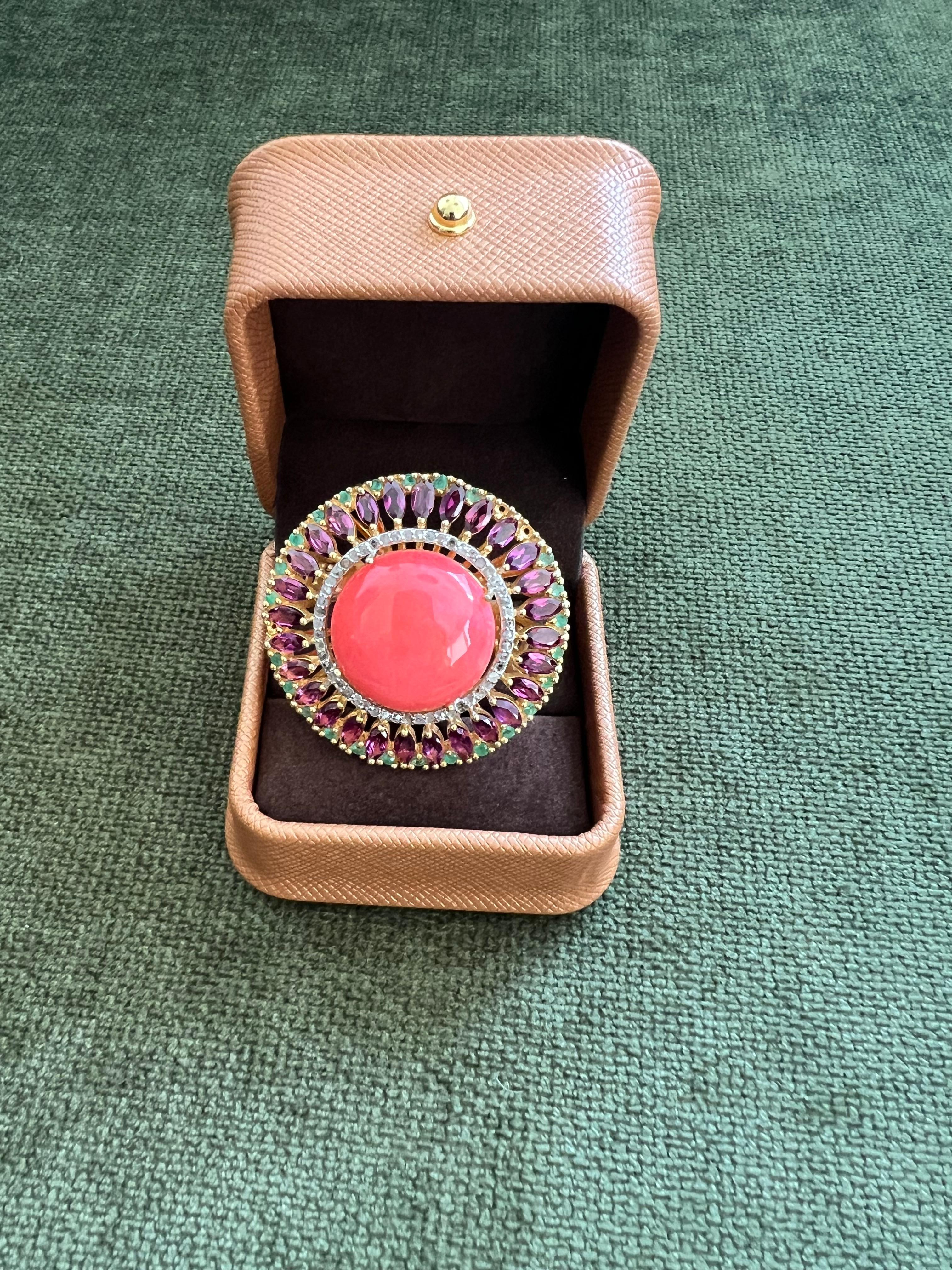 Bochic “Orient” Vintage Diamond, Orange Opal & Rose Rhodolite Ring Set 18K Gold & Silver 

Natural Center Orange Opal 
12.00 Carat 
Natural Rose Rhodolite 
5.00 Carats 
Natural Single Cut Diamonds 
1.00 Carats 

This Ring is from the 