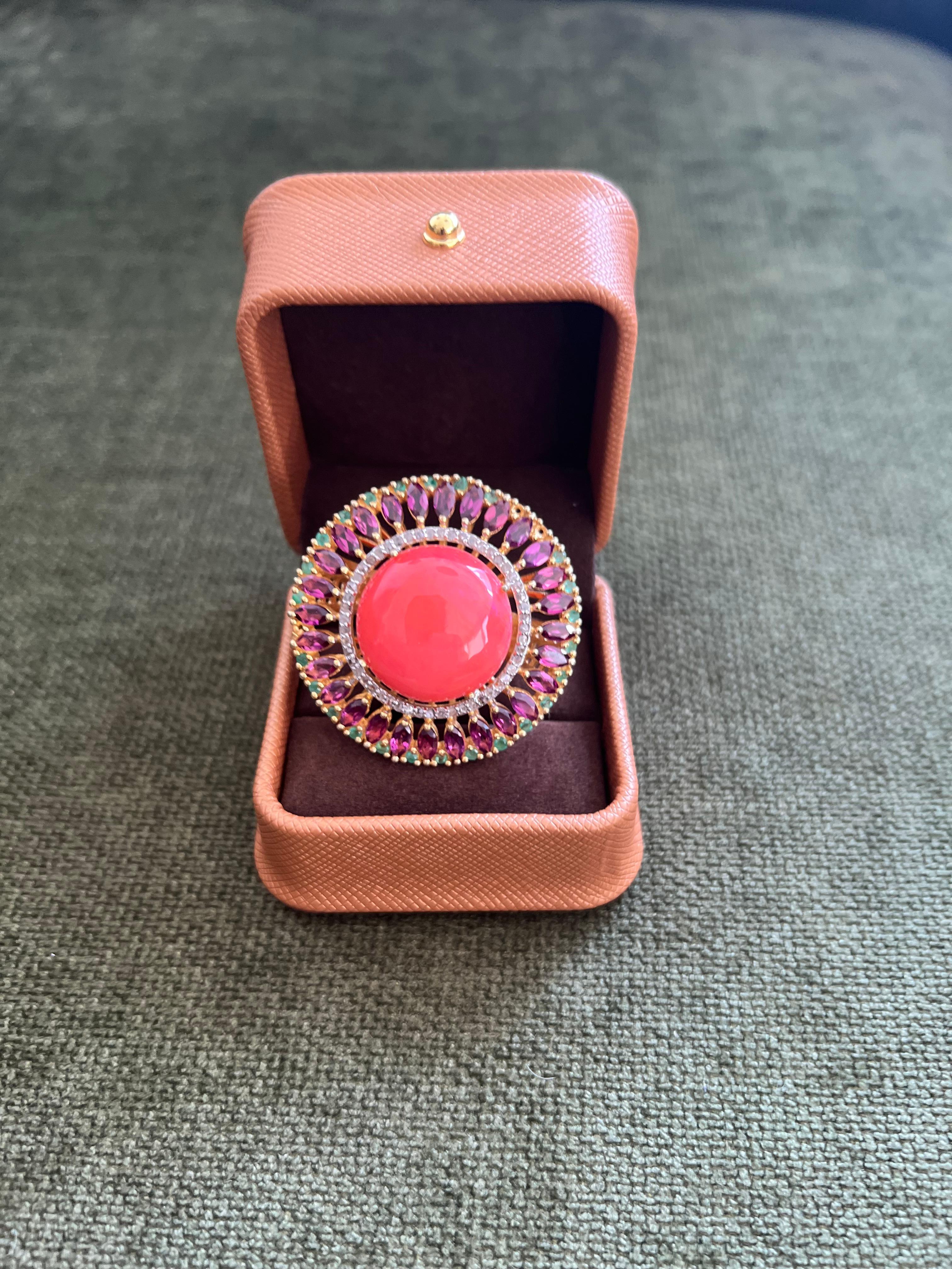 Women's or Men's Bochic “Orient” Vintage Diamond & Orange Opal Ring Set In 18K Gold & Silver For Sale