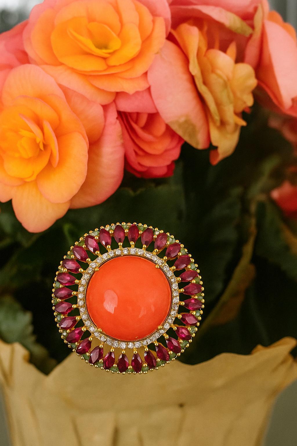 Bochic “Orient” Vintage Diamond & Orange Opal Ring Set In 18K Gold & Silver For Sale 2