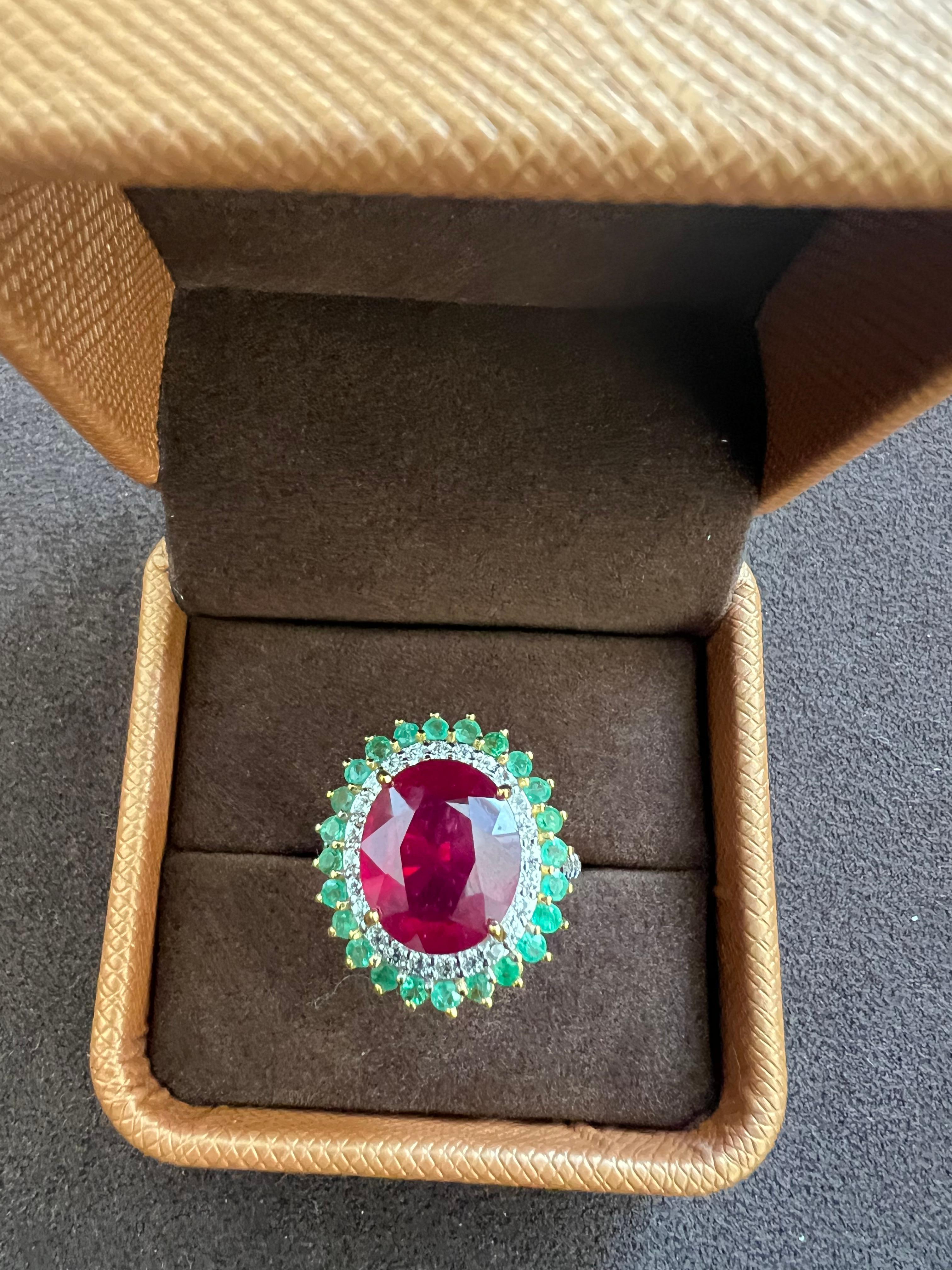 Art Deco Bochic “Orient” Vintage Diamond, Ruby & Emerald Ring Set In 18K Gold & Silver For Sale