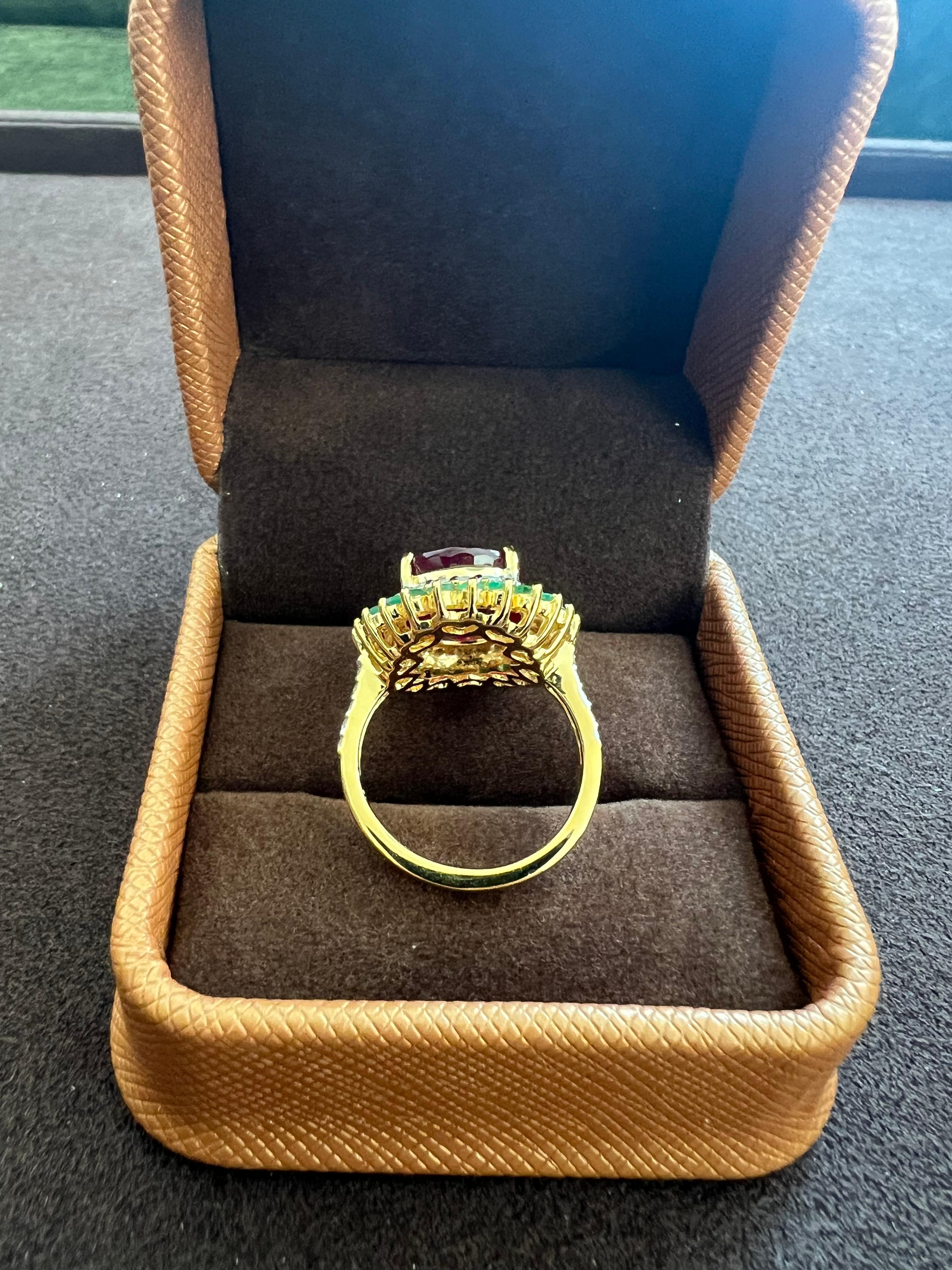 Women's or Men's Bochic “Orient” Vintage Diamond, Ruby & Emerald Ring Set In 18K Gold & Silver For Sale