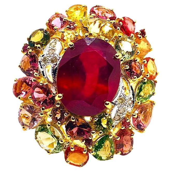 Bochic “Orient” Vintage Diamond, Ruby & Multi Sapphire Ring Set In 18K Gold & Si