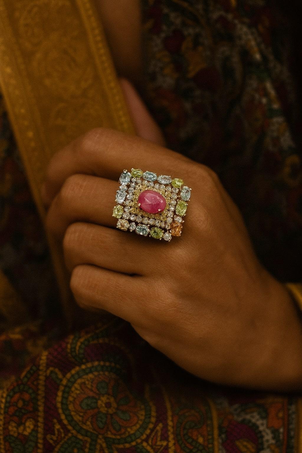 Bochic “Orient” Vintage Diamond, Ruby & Multi Sapphire Ring Set In 18K Gold&Silv For Sale 8