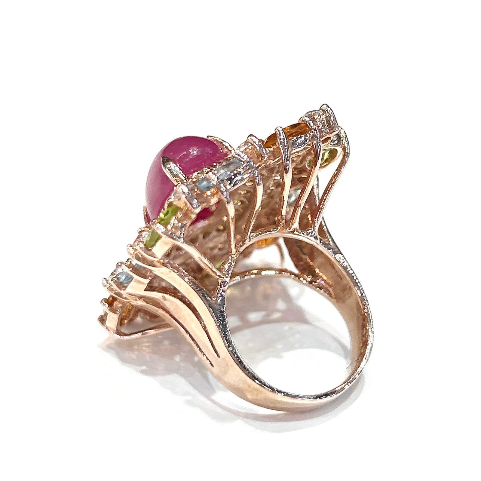 Bochic “Orient” Vintage Diamond, Ruby & Multi Sapphire Ring Set In 18K Gold&Silv In Excellent Condition For Sale In New York, NY