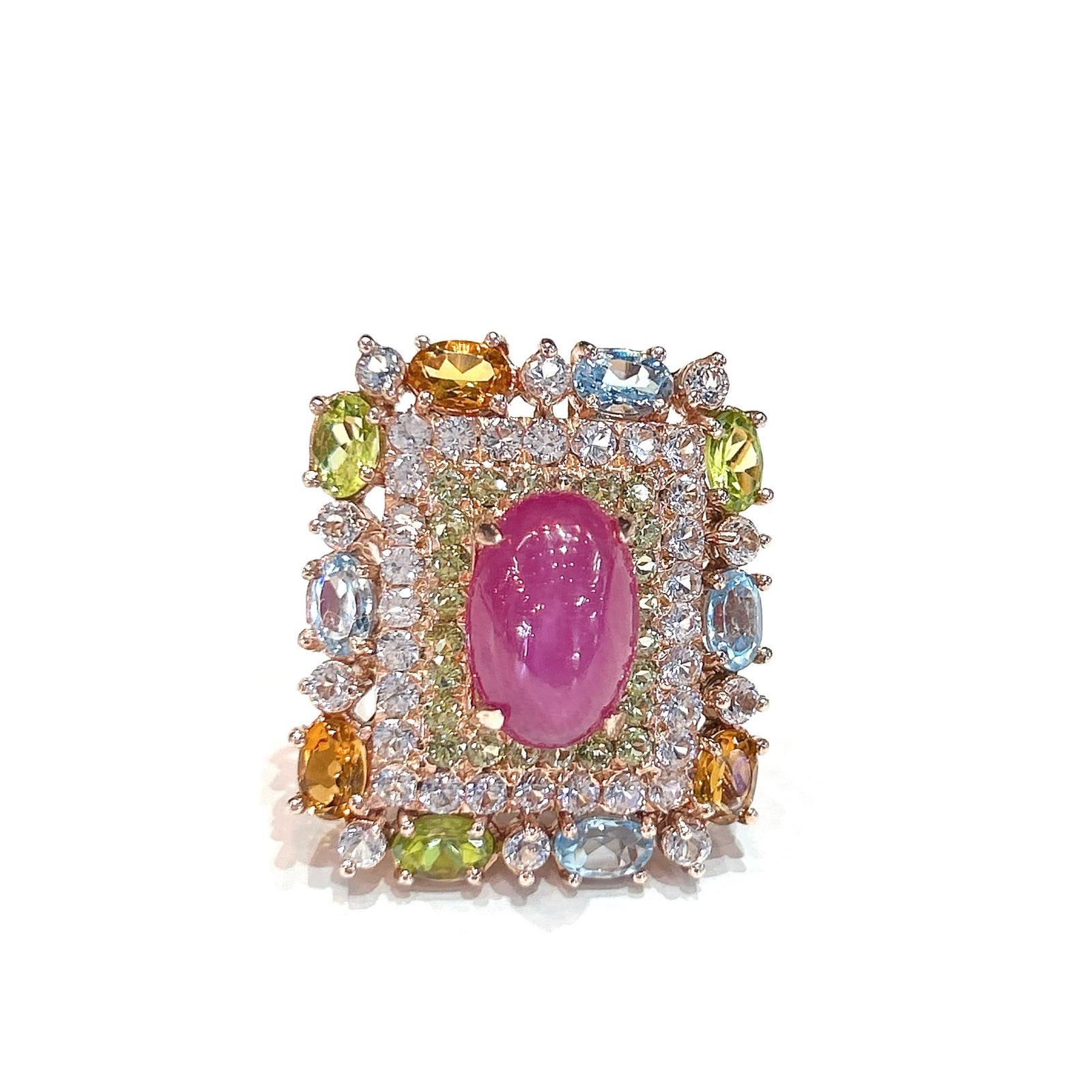 Bochic “Orient” Vintage Diamond, Ruby & Multi Sapphire Ring Set In 18K Gold&Silv For Sale 1