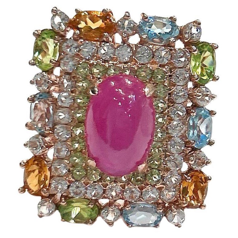 Anello Vintage "Orient" con diamanti, rubini e zaffiri multipli in oro e argento 18 carati