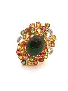 Bochic “Orient” Vintage Diamond, Sapphires & Black Opal Ring Set In 18K Gold & S