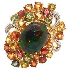 Anello vintage con diamanti, zaffiri e opale nera di Bochic "Orient", in oro 18 carati e seta.